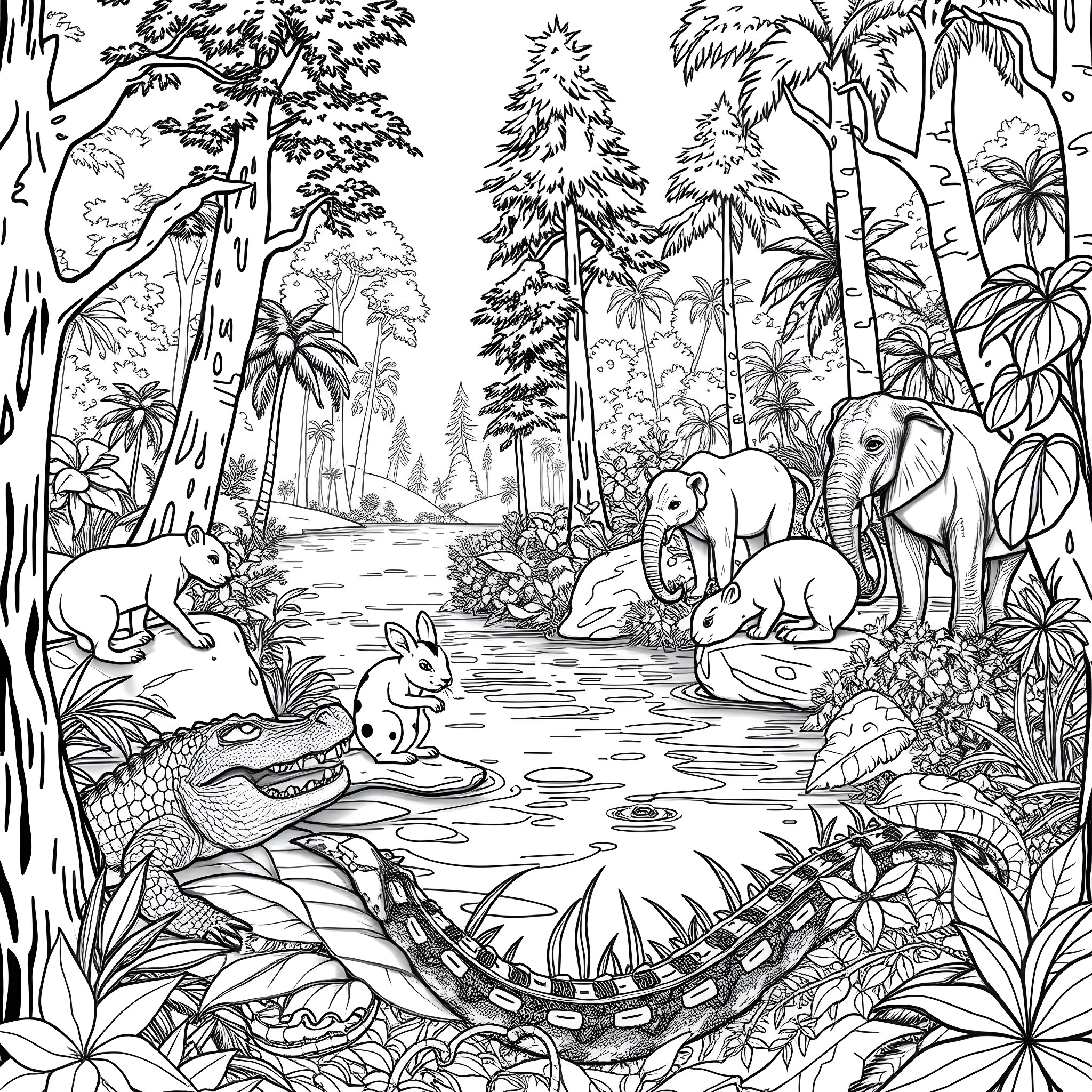 Animal Life in the Tropical Jungle Coloring Page (free black-and-white line drawing printable PDF for all, from beginners to advanced learners, including children, teens, adults, and seniors)