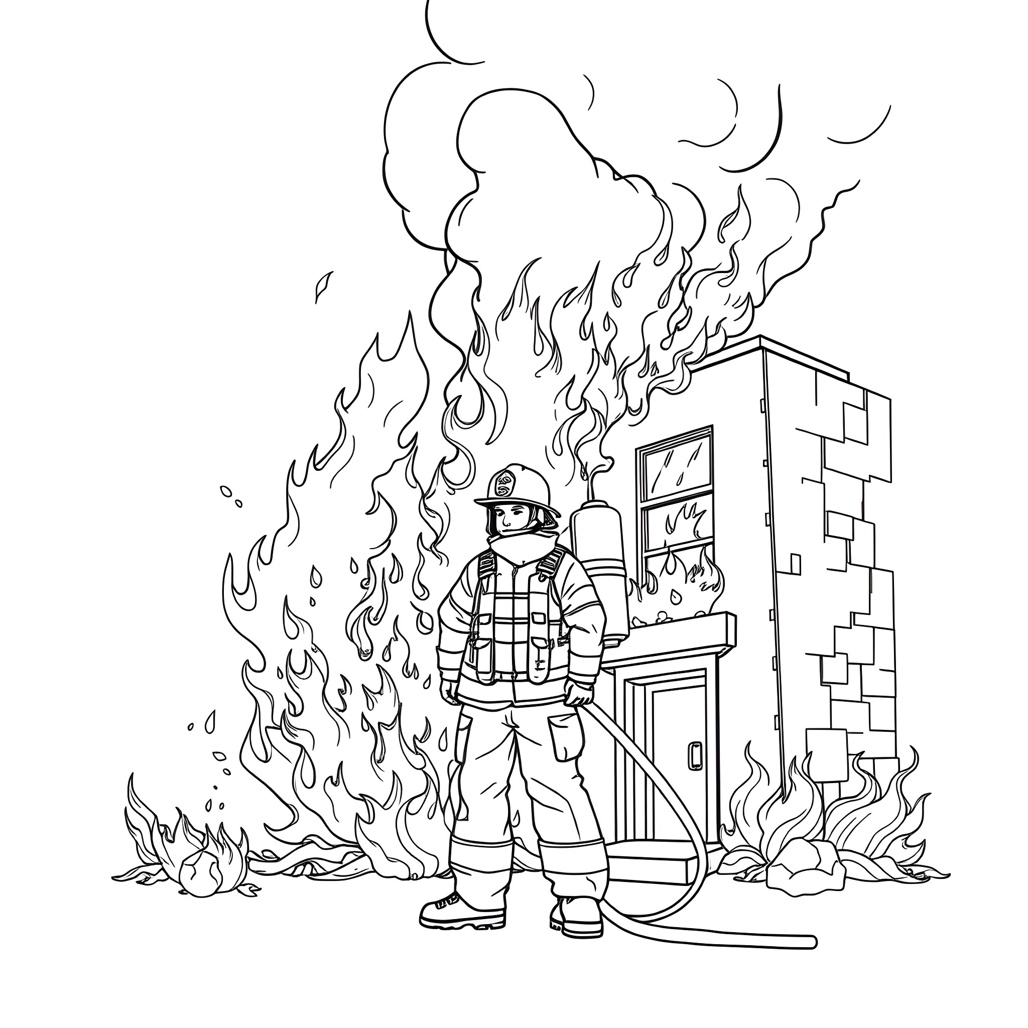 Firefighter battles raging flames in burning building Coloring Page (free black-and-white line drawing printable PDF for all, from beginners to advanced learners, including children, teens, adults, and seniors)