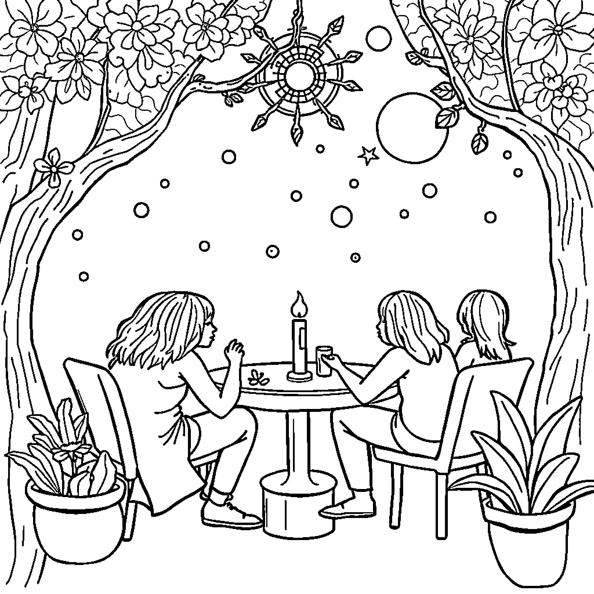 Gabychat: Friends enjoying a cozy gathering under the stars Coloring Page (free black-and-white line drawing printable PDF for all, from beginners to advanced learners, including children, teens, adults, and seniors)