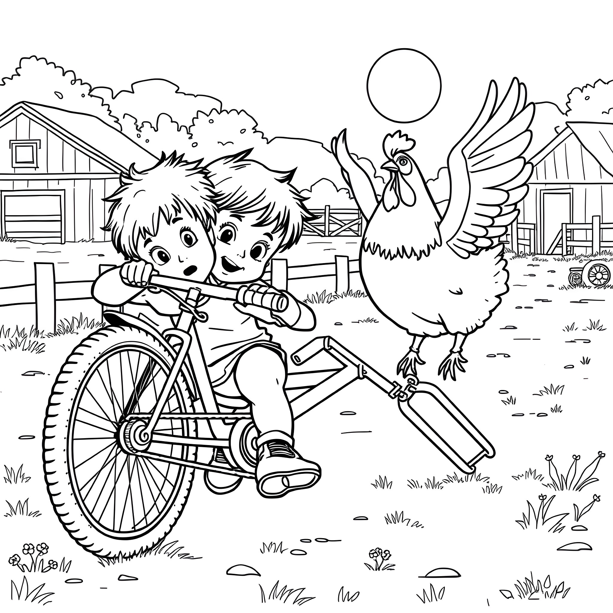 Kid playing bicycle with rooster in the farm Coloring Page (free black-and-white line drawing printable PDF for all, from beginners to advanced learners, including children, teens, adults, and seniors)