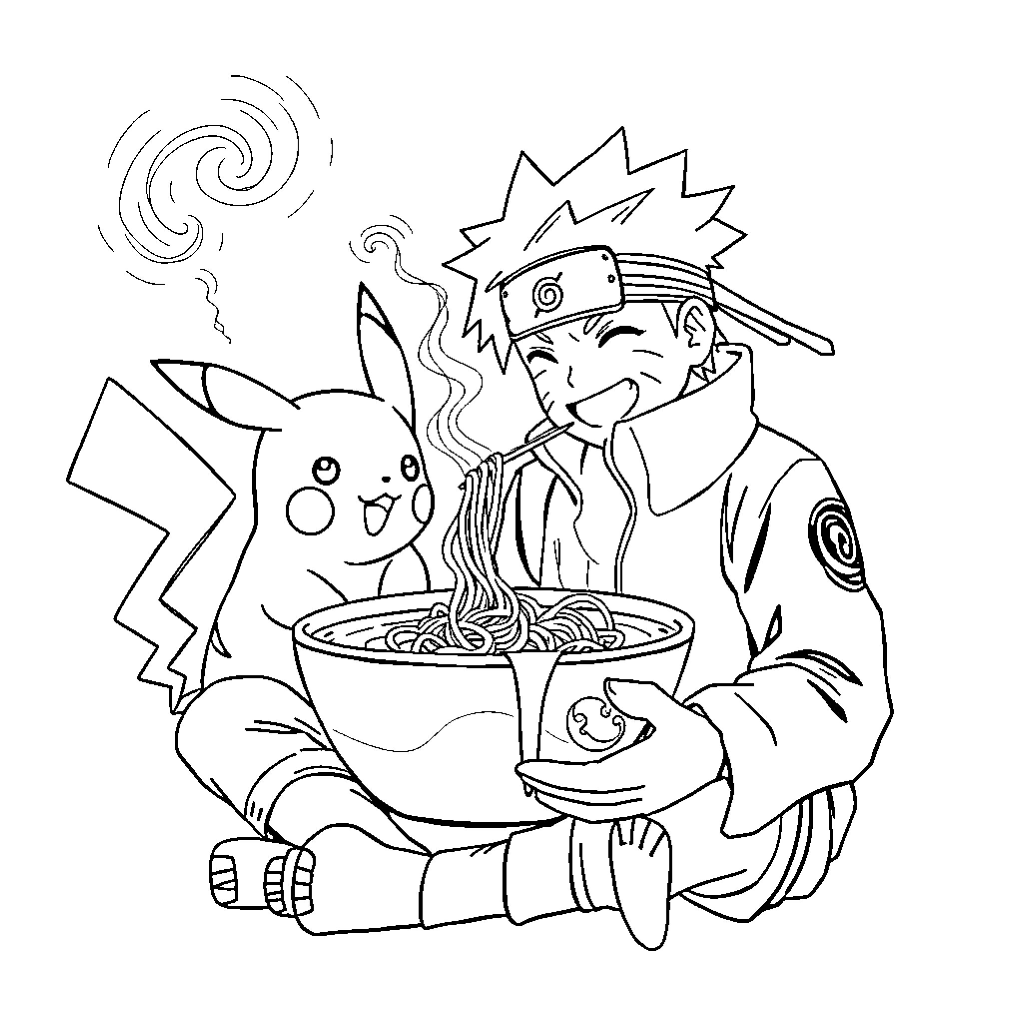 Naruto enjoying ramen with Pikachu Coloring Page (free black-and-white line drawing printable PDF for all, from beginners to advanced learners, including children, teens, adults, and seniors)