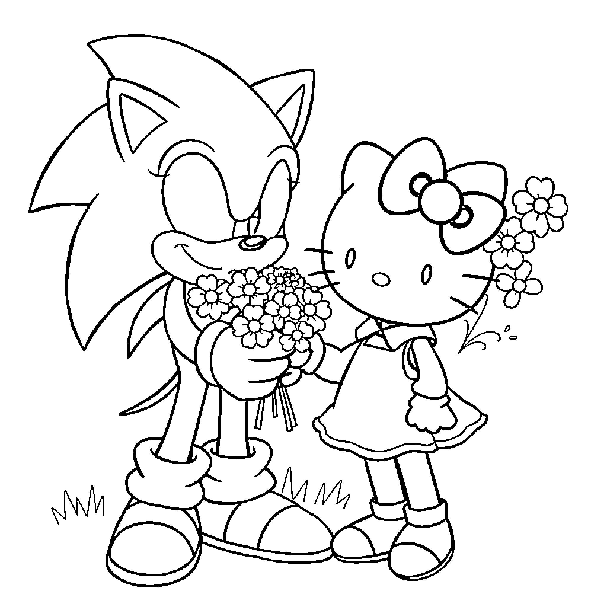 Sonic and Hello Kitty sharing flowers in nature Coloring Page (free black-and-white line drawing printable PDF for all, from beginners to advanced learners, including children, teens, adults, and seniors)