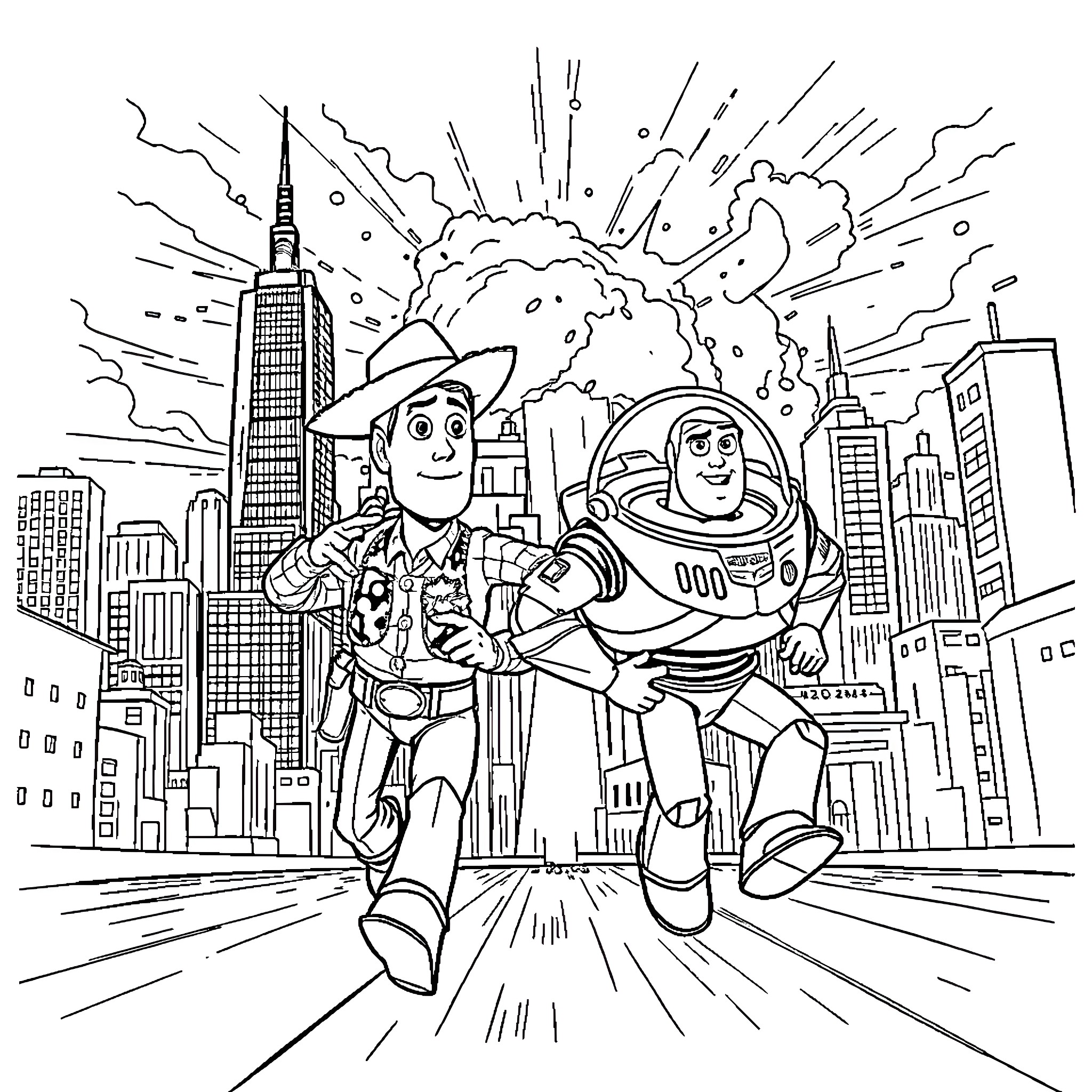 Toy Story Characters in a Cityscape Adventure Coloring Page (free black-and-white line drawing printable PDF for all, from beginners to advanced learners, including children, teens, adults, and seniors)