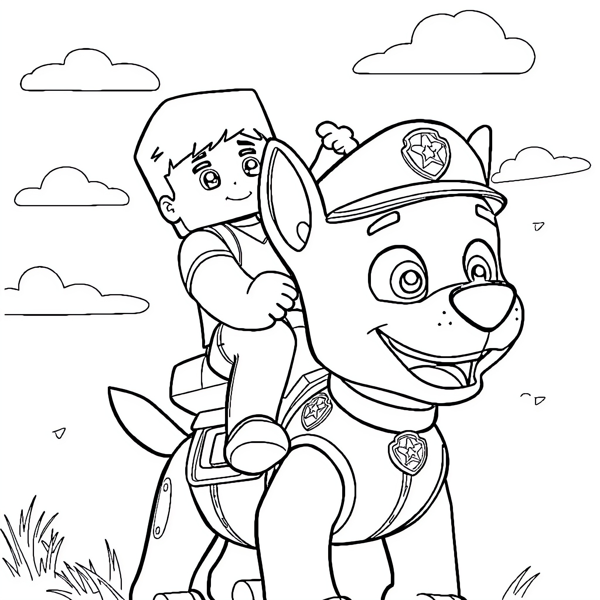 Steve explores with Paw Patrol pup in the park Coloring Page (free black-and-white line drawing printable PDF for all, from beginners to advanced learners, including children, teens, adults, and seniors)