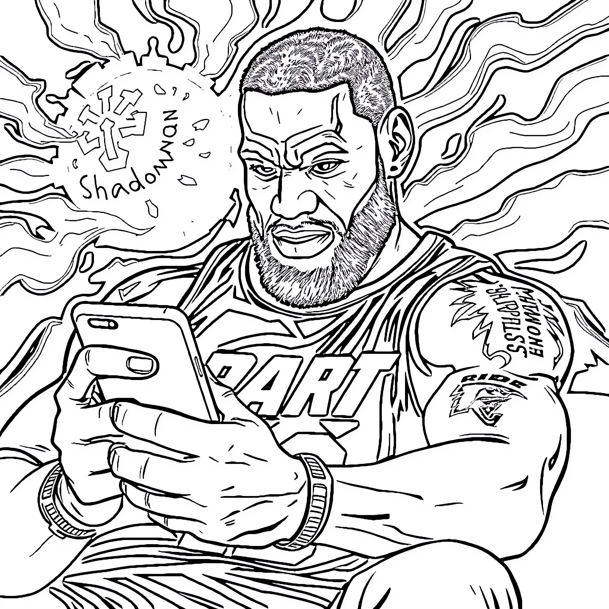 LeBron James playing with a smartphone amidst intense surroundings Coloring Page (free black-and-white line drawing printable PDF for all, from beginners to advanced learners, including children, teens, adults, and seniors)