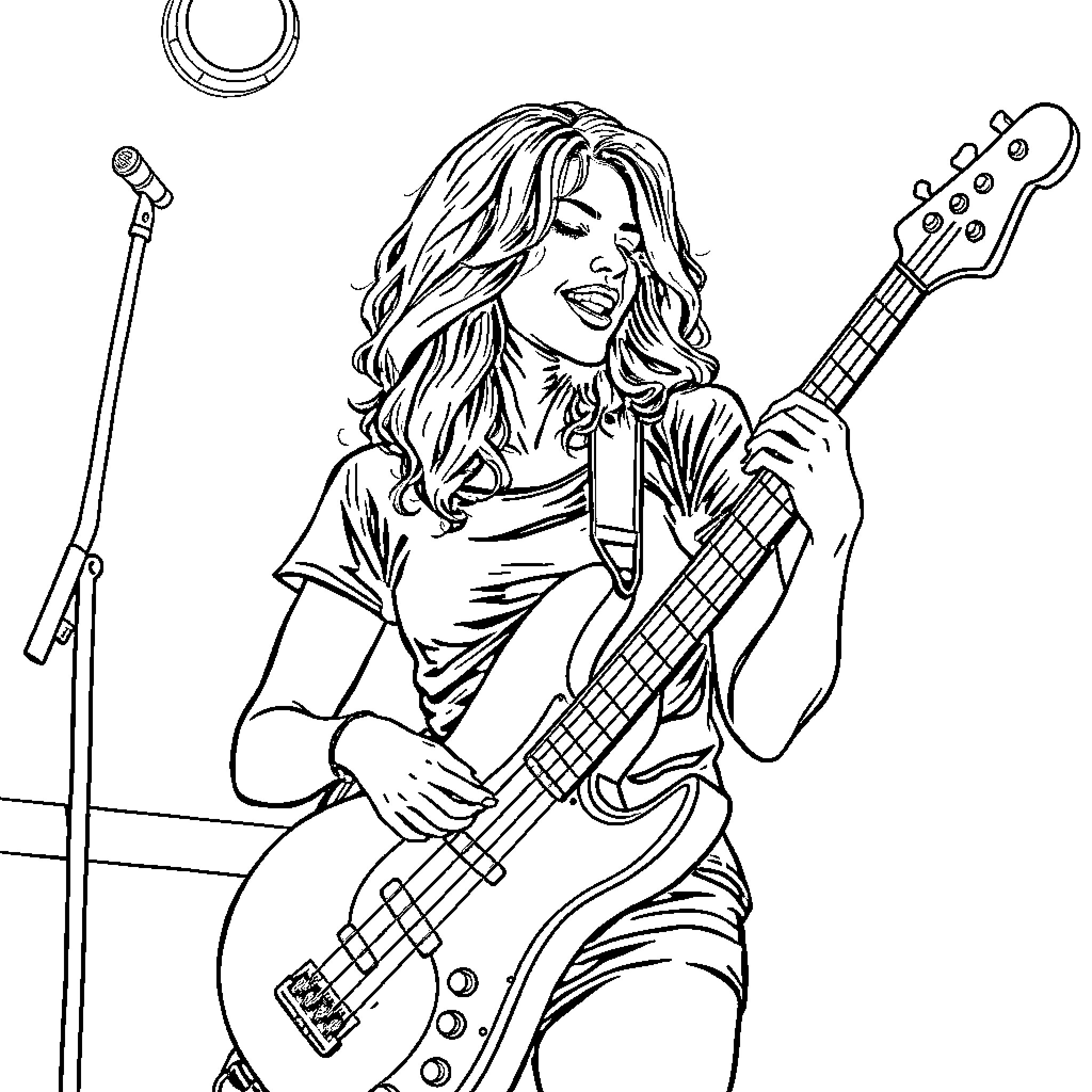 Woman performing on stage with guitar Coloring Page (free black-and-white line drawing printable PDF for all, from beginners to advanced learners, including children, teens, adults, and seniors)