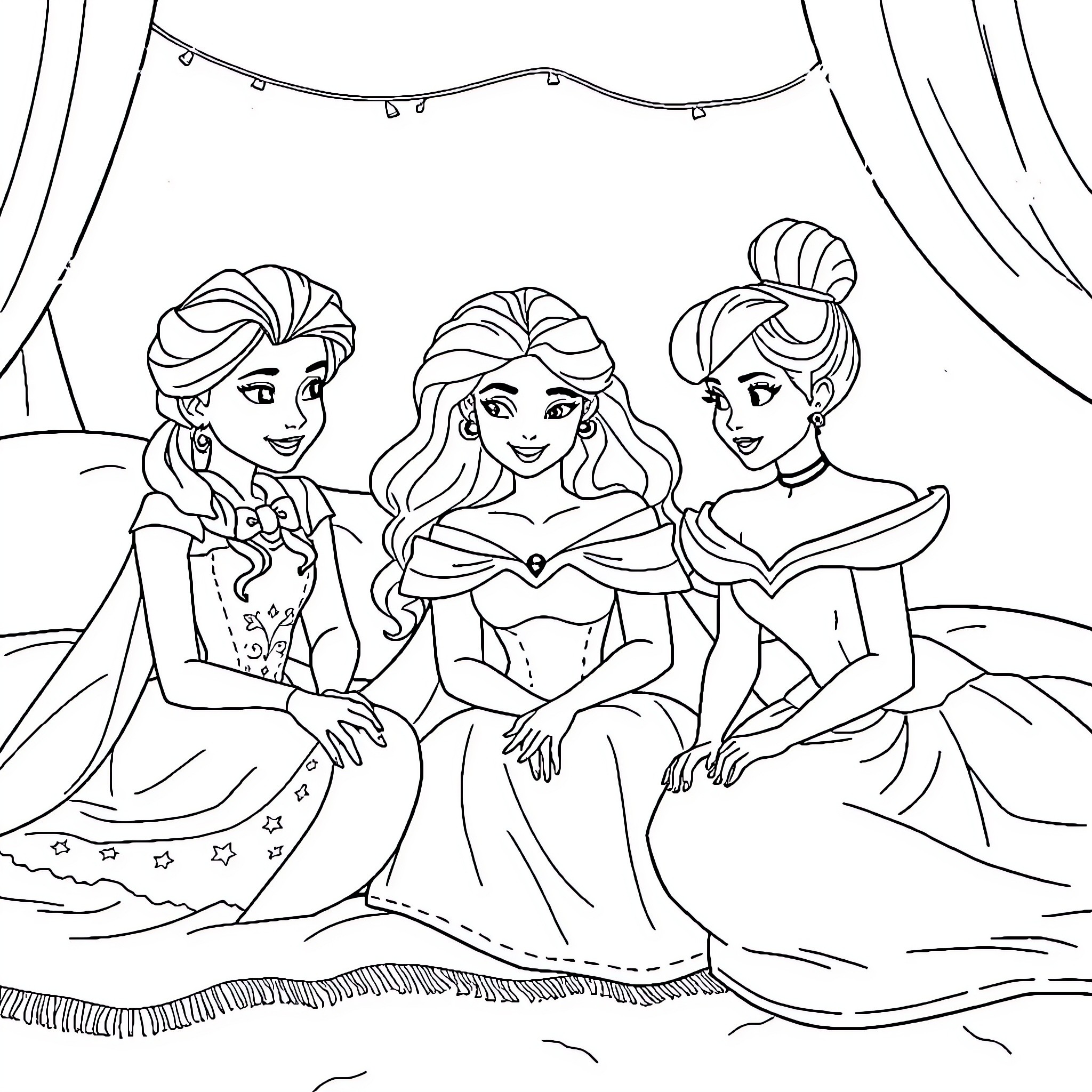 Princess Trio in Glamorous Gowns Coloring Page (free black-and-white line drawing printable PDF for all, from beginners to advanced learners, including children, teens, adults, and seniors)