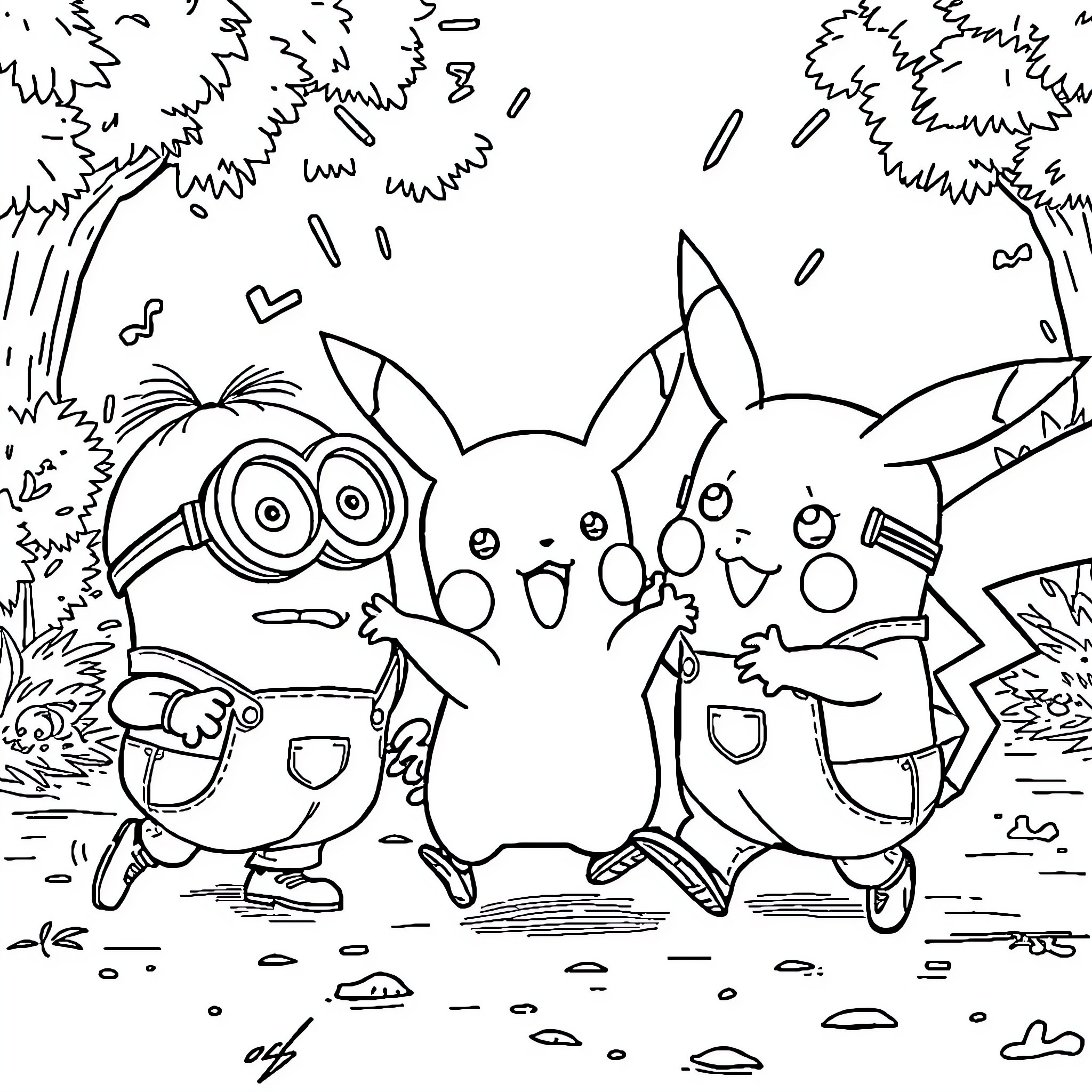 Minions and Pokemon Characters in a Lively Scene Coloring Page (free black-and-white line drawing printable PDF for all, from beginners to advanced learners, including children, teens, adults, and seniors)