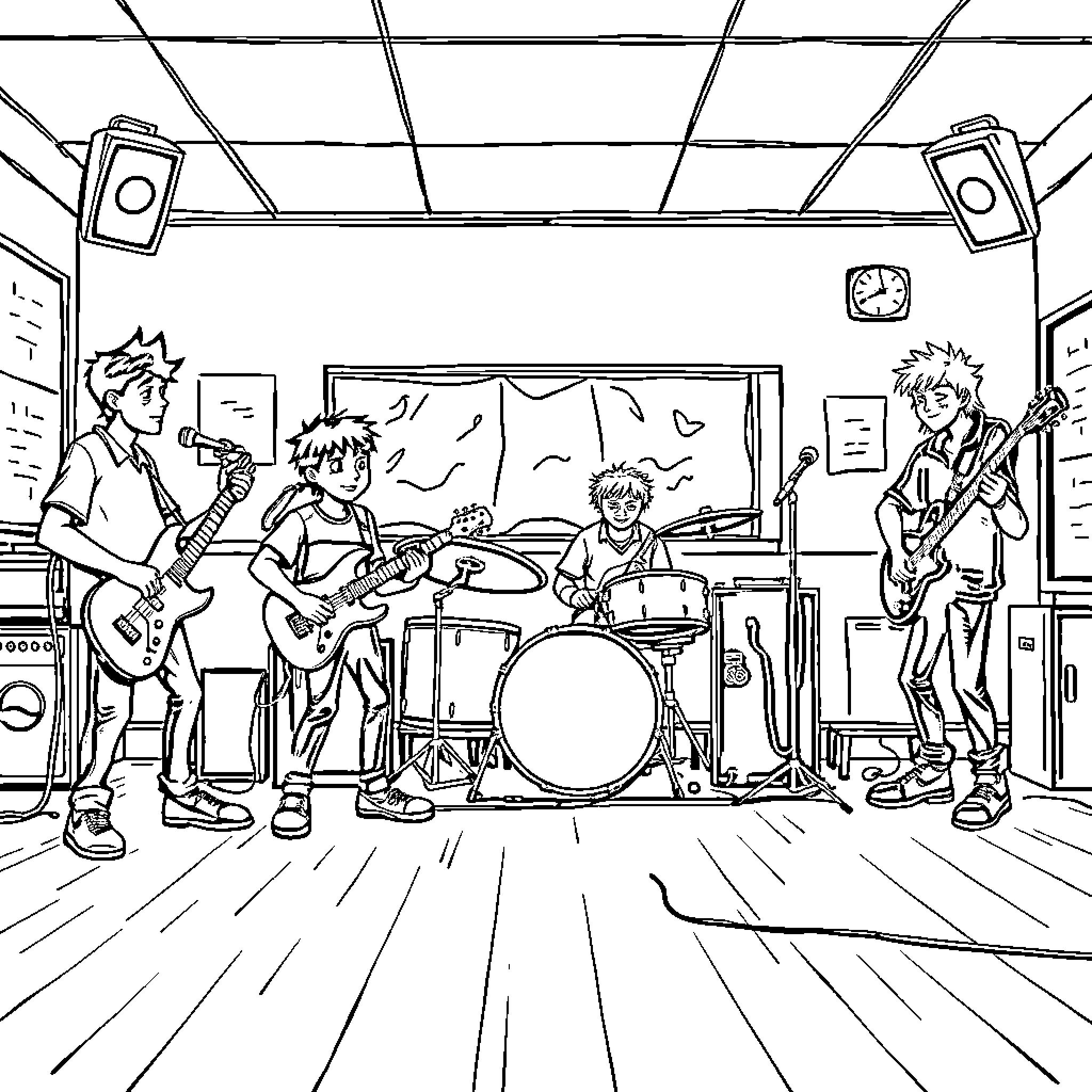 Band Performing with Energy and Enthusiasm Coloring Page (free black-and-white line drawing printable PDF for all, from beginners to advanced learners, including children, teens, adults, and seniors)