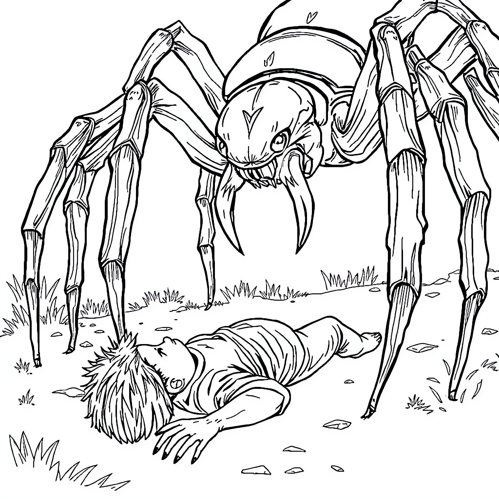 Spider Looming Over Helpless Prey Coloring Page (free black-and-white line drawing printable PDF for all, from beginners to advanced learners, including children, teens, adults, and seniors)