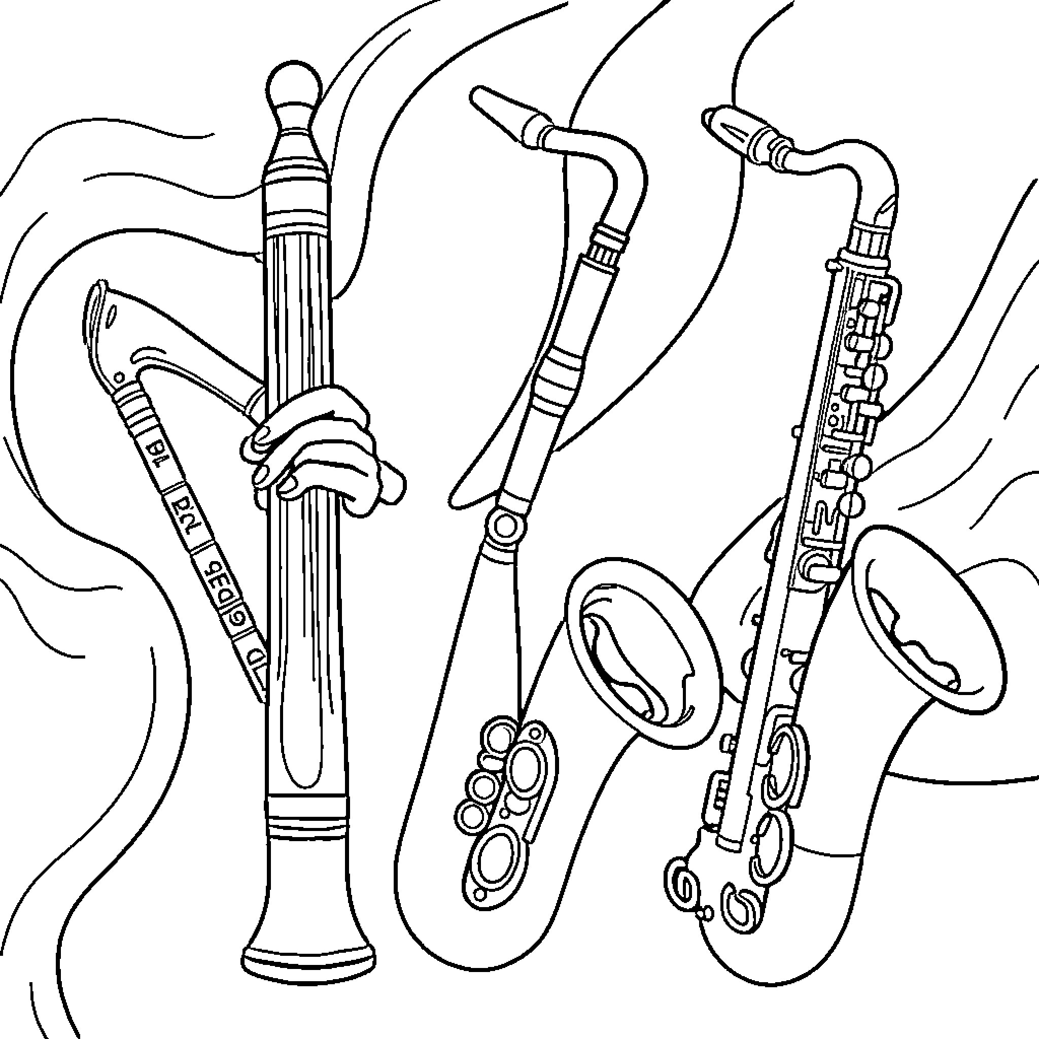 Wind Instruments in Motion Coloring Page (free black-and-white line drawing printable PDF for all, from beginners to advanced learners, including children, teens, adults, and seniors)