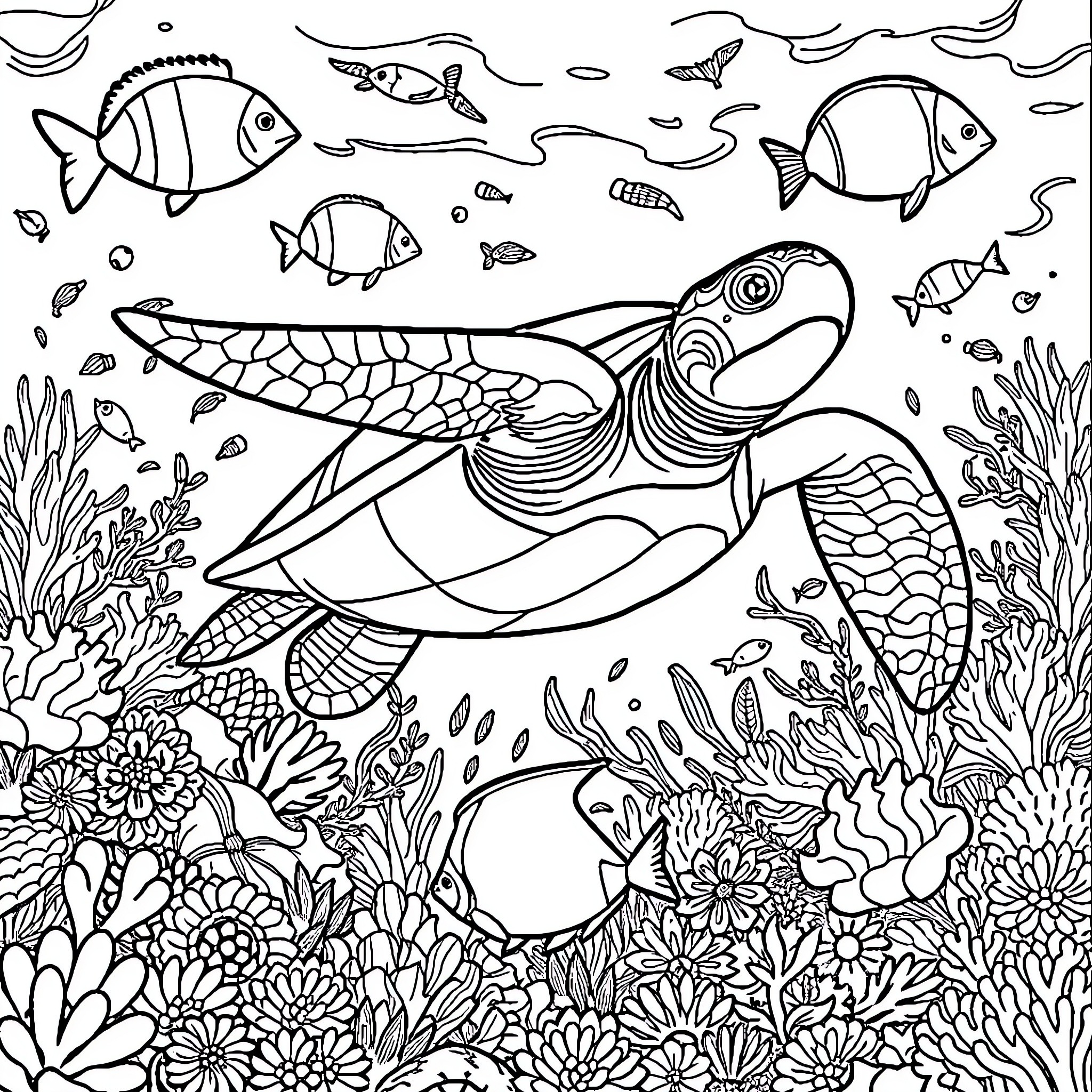 Sea Turtle exploring the underwater coral reef Coloring Page (free black-and-white line drawing printable PDF for all, from beginners to advanced learners, including children, teens, adults, and seniors)