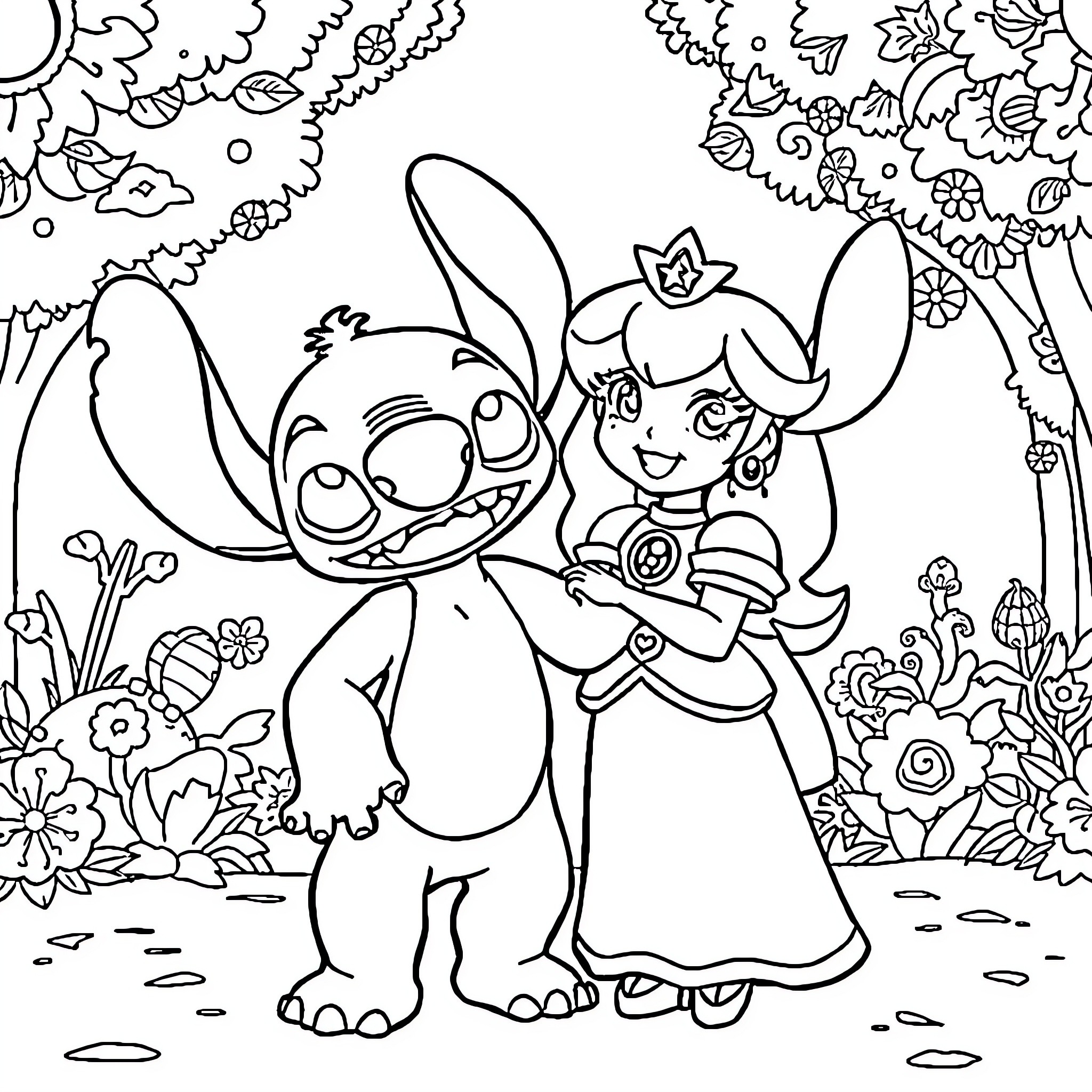 Stitch and Lilo exploring the enchanted garden Coloring Page (free black-and-white line drawing printable PDF for all, from beginners to advanced learners, including children, teens, adults, and seniors)