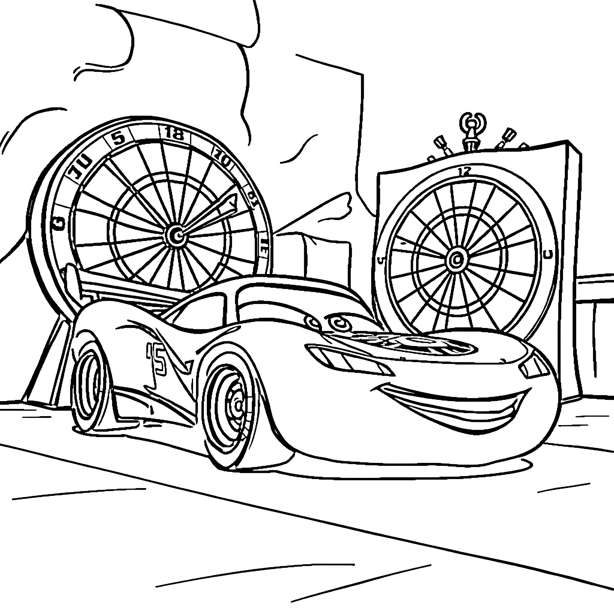 Lightning McQueen's Racetrack Adventure Coloring Page (free black-and-white line drawing printable PDF for all, from beginners to advanced learners, including children, teens, adults, and seniors)