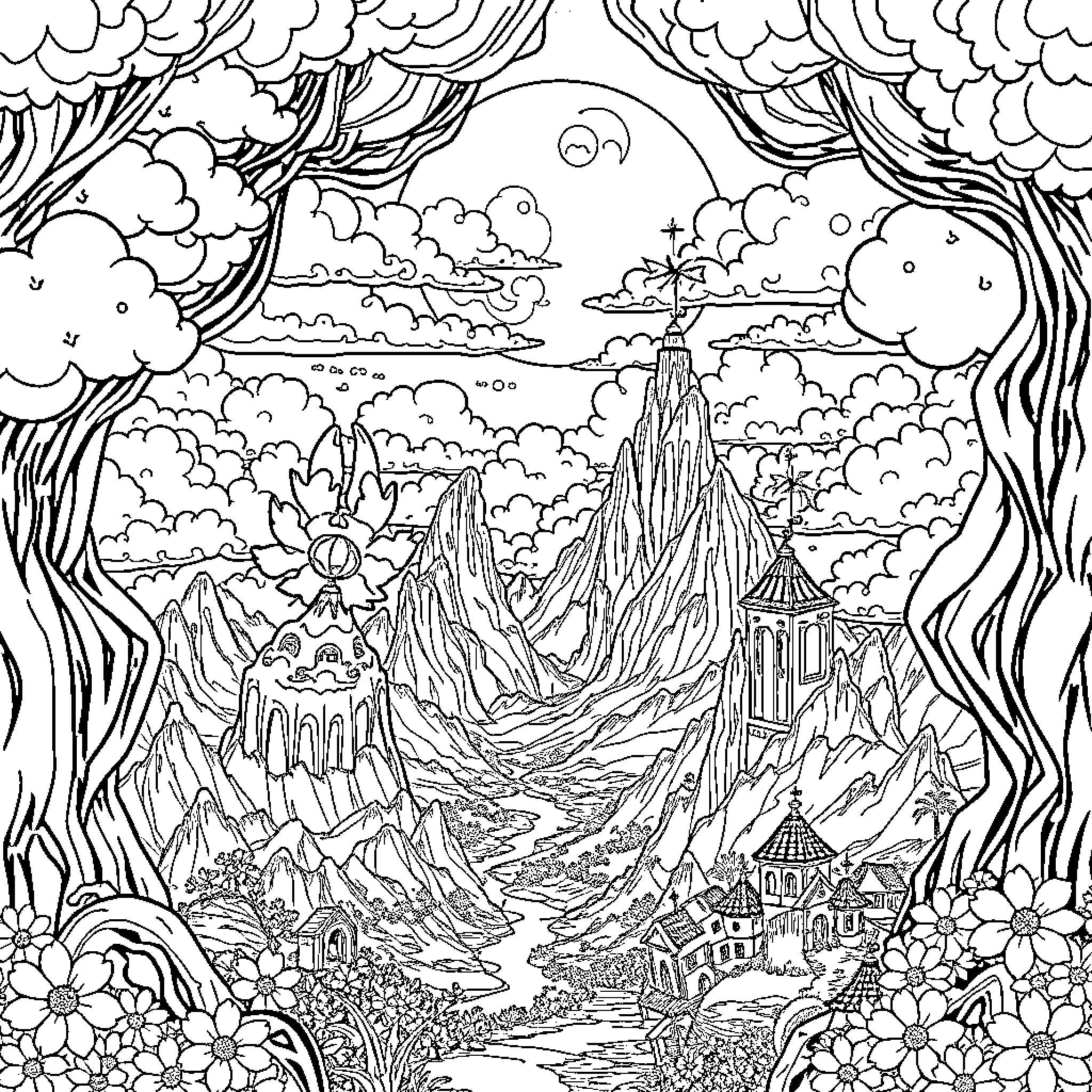 Genshin Impact - Majestic Mountainous Landscape with Fantasy Elements Coloring Page (free black-and-white line drawing printable PDF for all, from beginners to advanced learners, including children, teens, adults, and seniors)