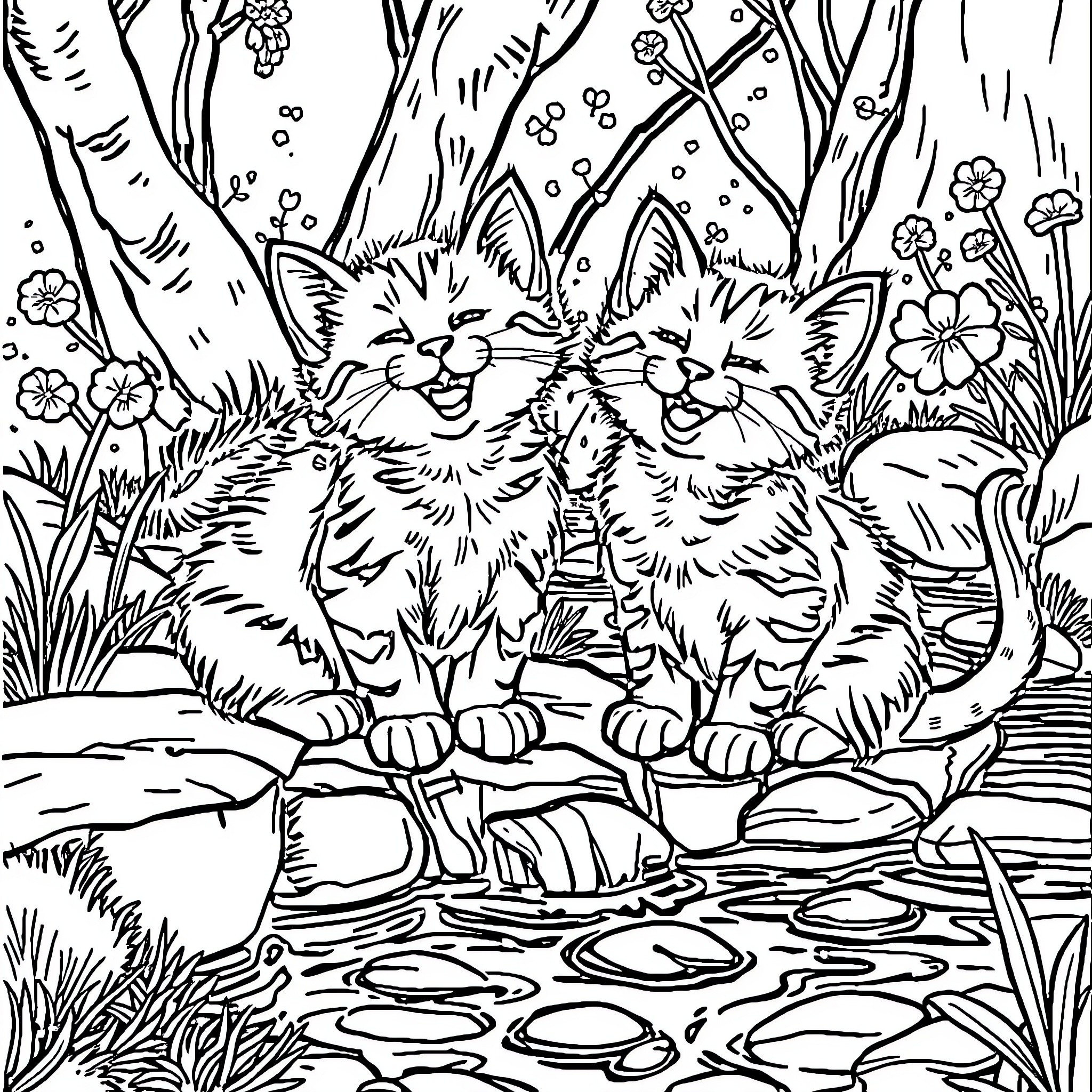 Kittens Playing Joyfully in the Enchanted Forest Coloring Page (free black-and-white line drawing printable PDF for all, from beginners to advanced learners, including children, teens, adults, and seniors)
