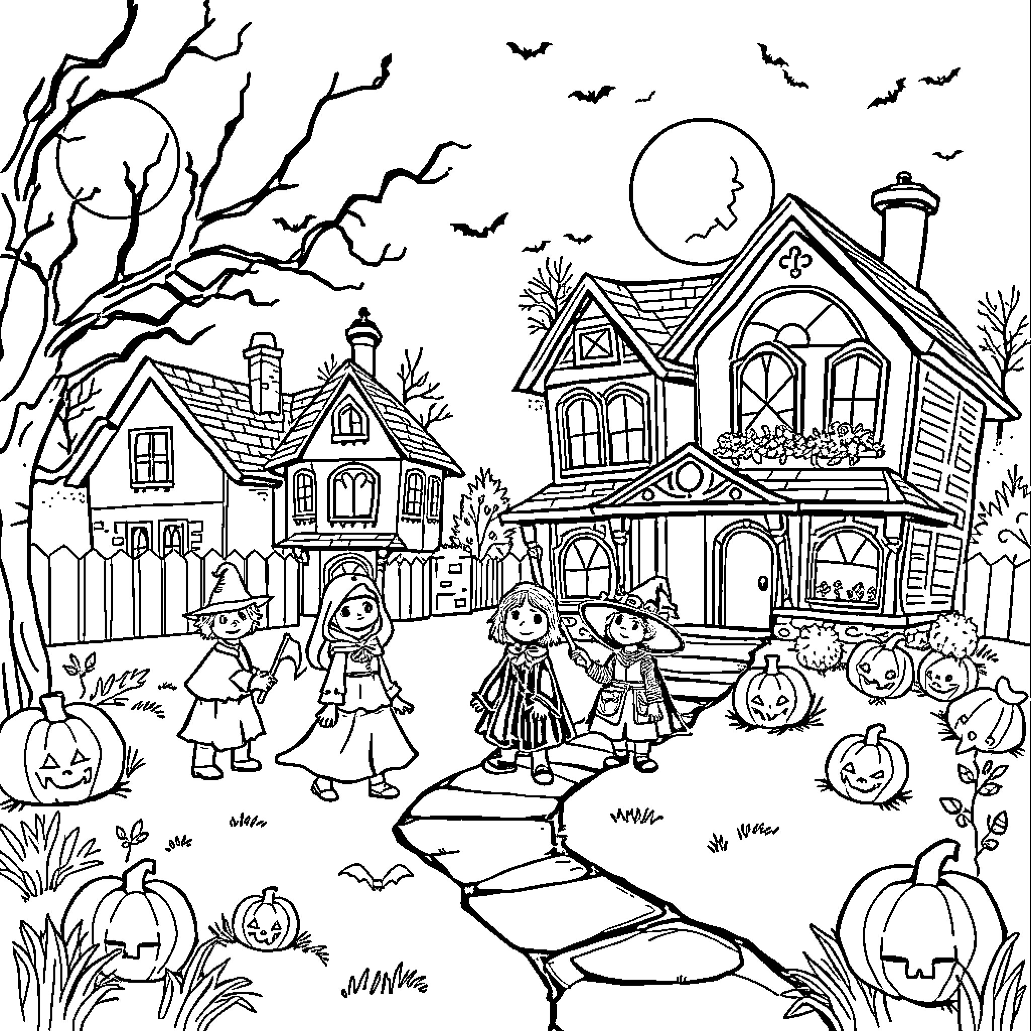 Halloween night in the spooky neighborhood Coloring Page (free black-and-white line drawing printable PDF for all, from beginners to advanced learners, including children, teens, adults, and seniors)
