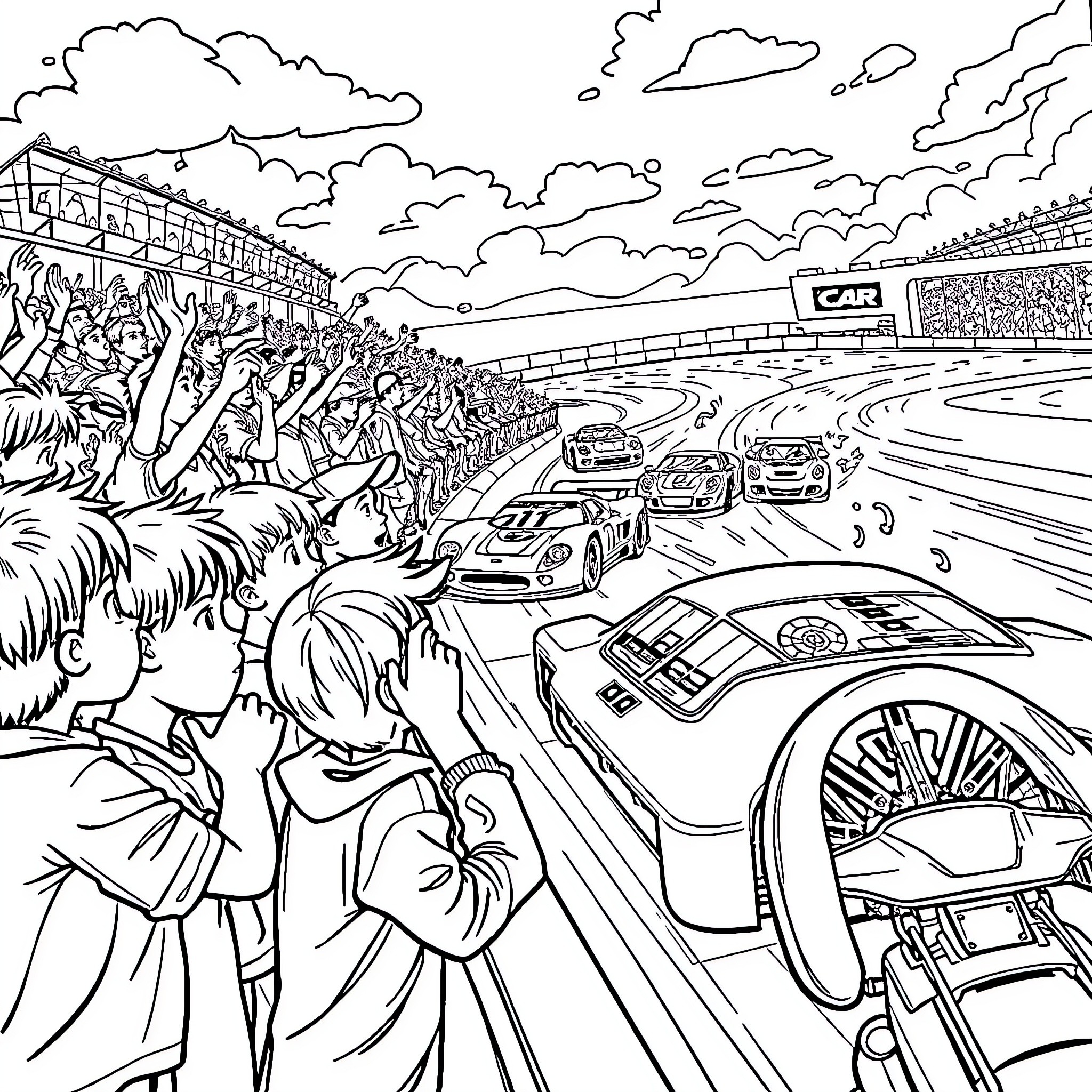 Kid cheering on race cars at a crowded stadium Coloring Page (free black-and-white line drawing printable PDF for all, from beginners to advanced learners, including children, teens, adults, and seniors)