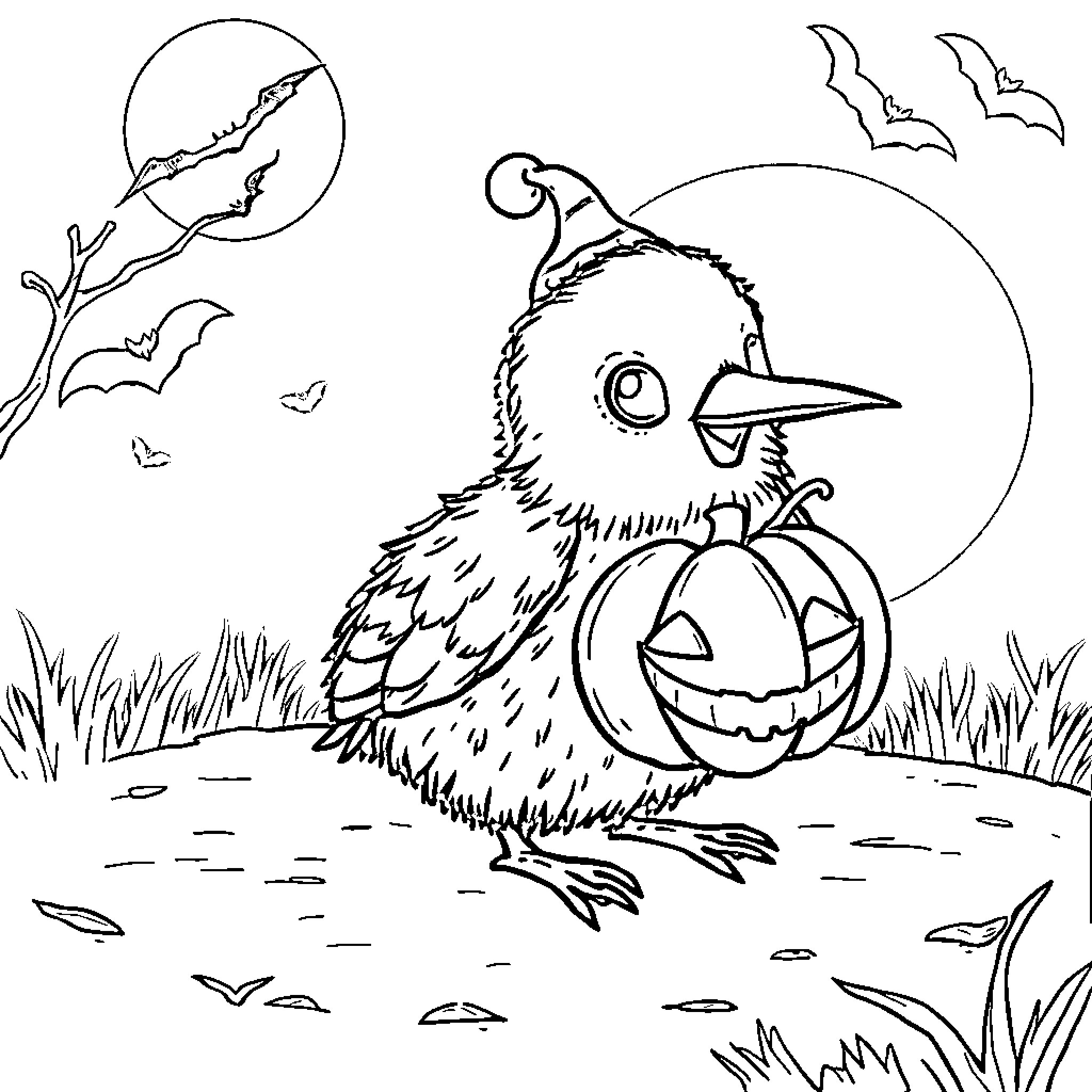 Kiwi bird exploring a Halloween pumpkin Coloring Page (free black-and-white line drawing printable PDF for all, from beginners to advanced learners, including children, teens, adults, and seniors)