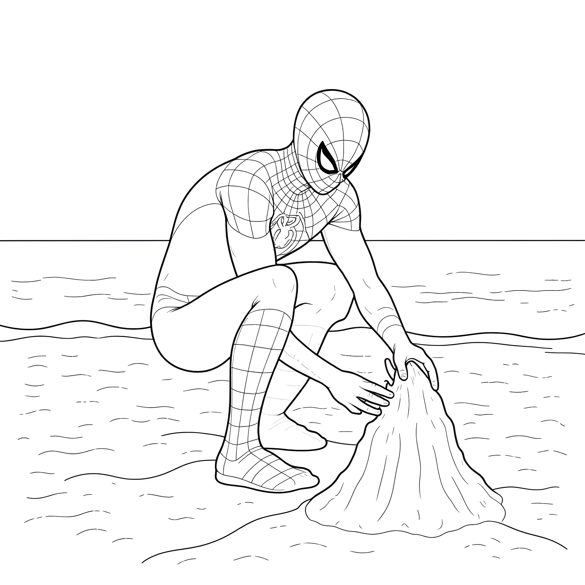 Spiderman swinging and web-slinging through the city Coloring Page (free black-and-white line drawing printable PDF for all, from beginners to advanced learners, including children, teens, adults, and seniors)