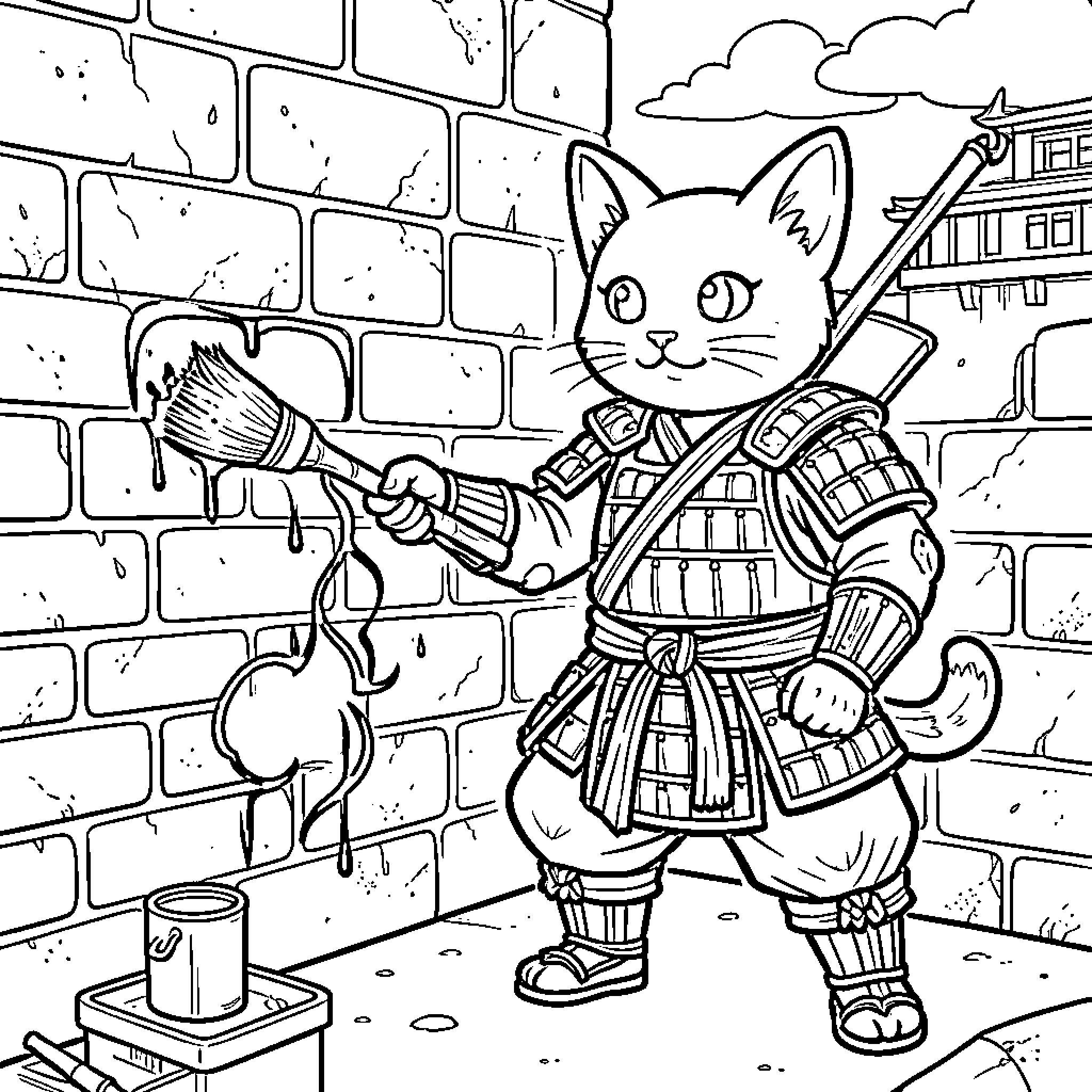 Samurai Cat painting a brick wall with a brush Coloring Page (free black-and-white line drawing printable PDF for all, from beginners to advanced learners, including children, teens, adults, and seniors)