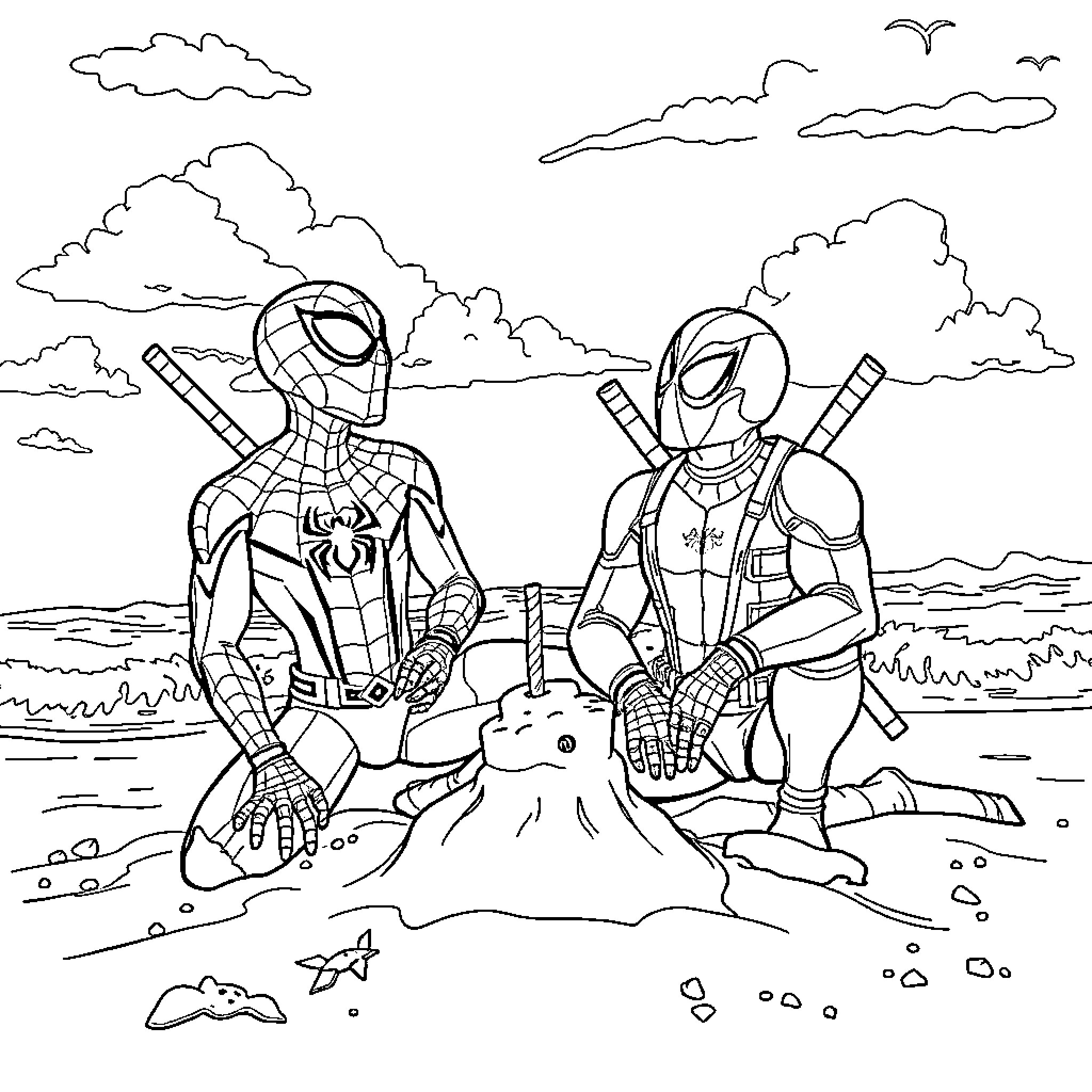 Spiderman and Spiderman build a sandcastle together Coloring Page (free black-and-white line drawing printable PDF for all, from beginners to advanced learners, including children, teens, adults, and seniors)