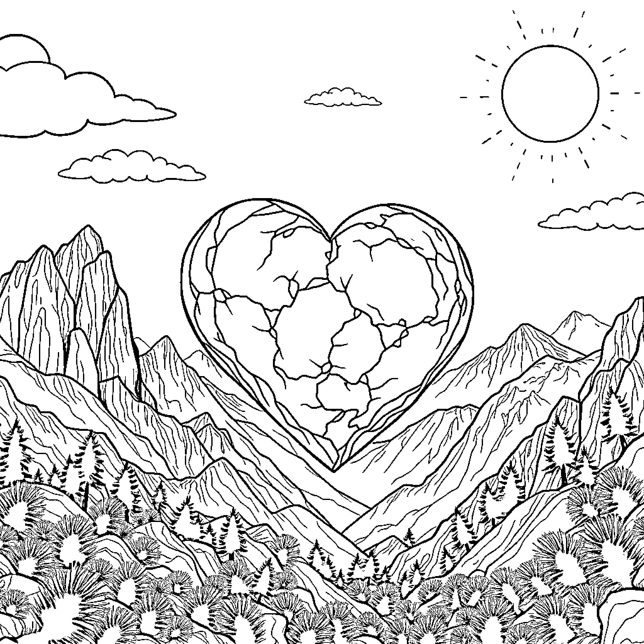 Asteroid heart-shaped Earth in the mountains Coloring Page (free black-and-white line drawing printable PDF for all, from beginners to advanced learners, including children, teens, adults, and seniors)