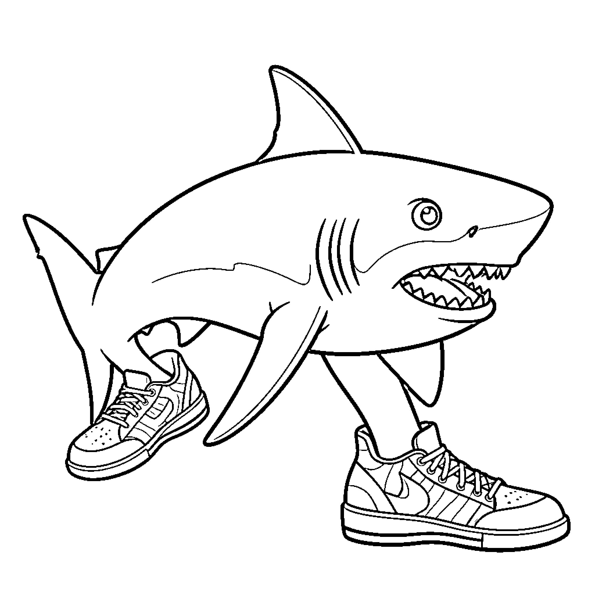 Shark wearing sneakers and having fun Coloring Page (free black-and-white line drawing printable PDF for all, from beginners to advanced learners, including children, teens, adults, and seniors)