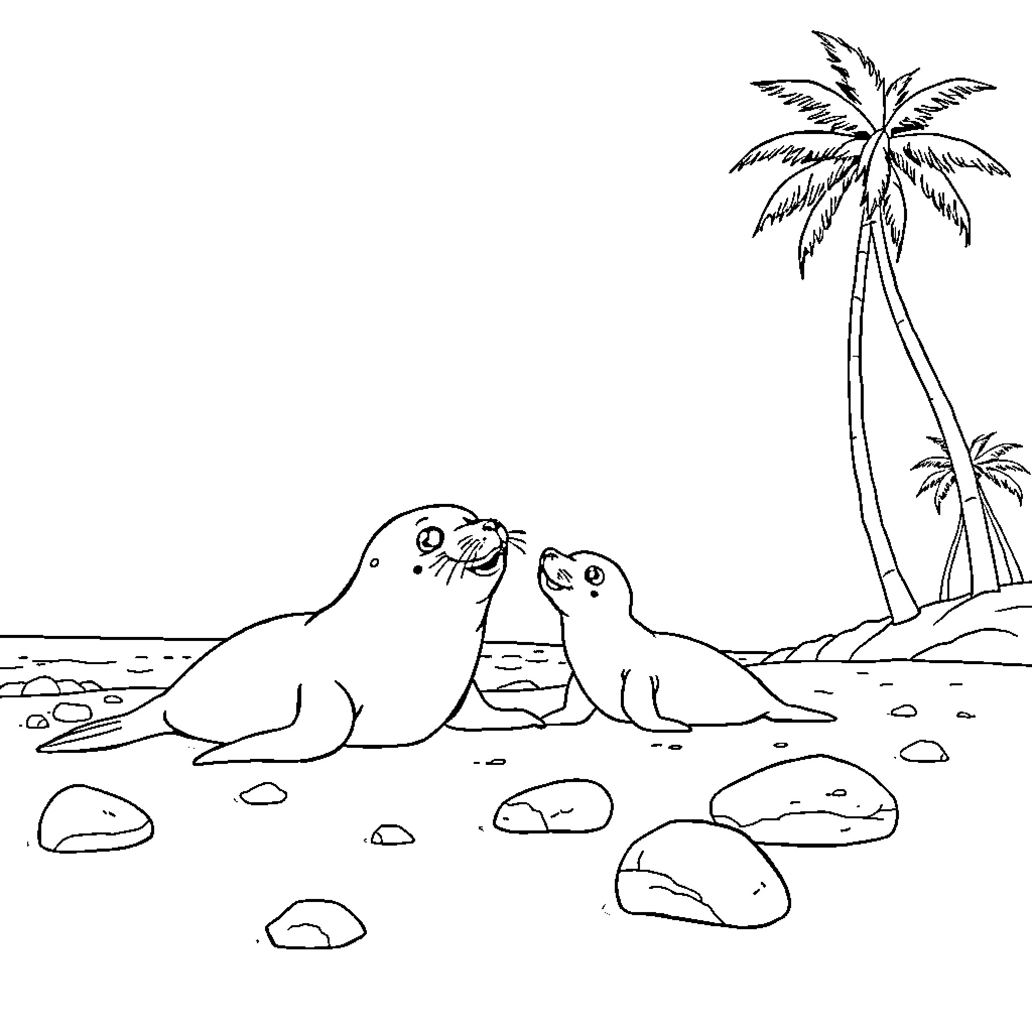 Seal relaxing on the beach near palm trees Coloring Page (free black-and-white line drawing printable PDF for all, from beginners to advanced learners, including children, teens, adults, and seniors)