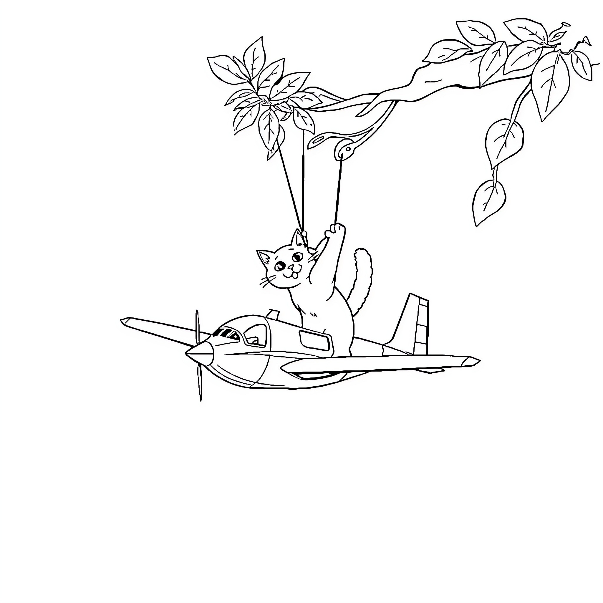 Cat flying happily in a plane Coloring Page (free black-and-white line drawing printable PDF for all, from beginners to advanced learners, including children, teens, adults, and seniors)