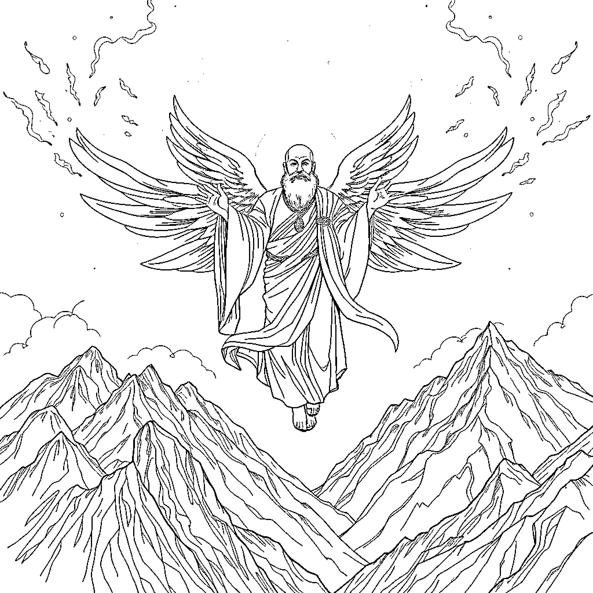 Monk with wings ascending above mountainous landscape Coloring Page (free black-and-white line drawing printable PDF for all, from beginners to advanced learners, including children, teens, adults, and seniors)