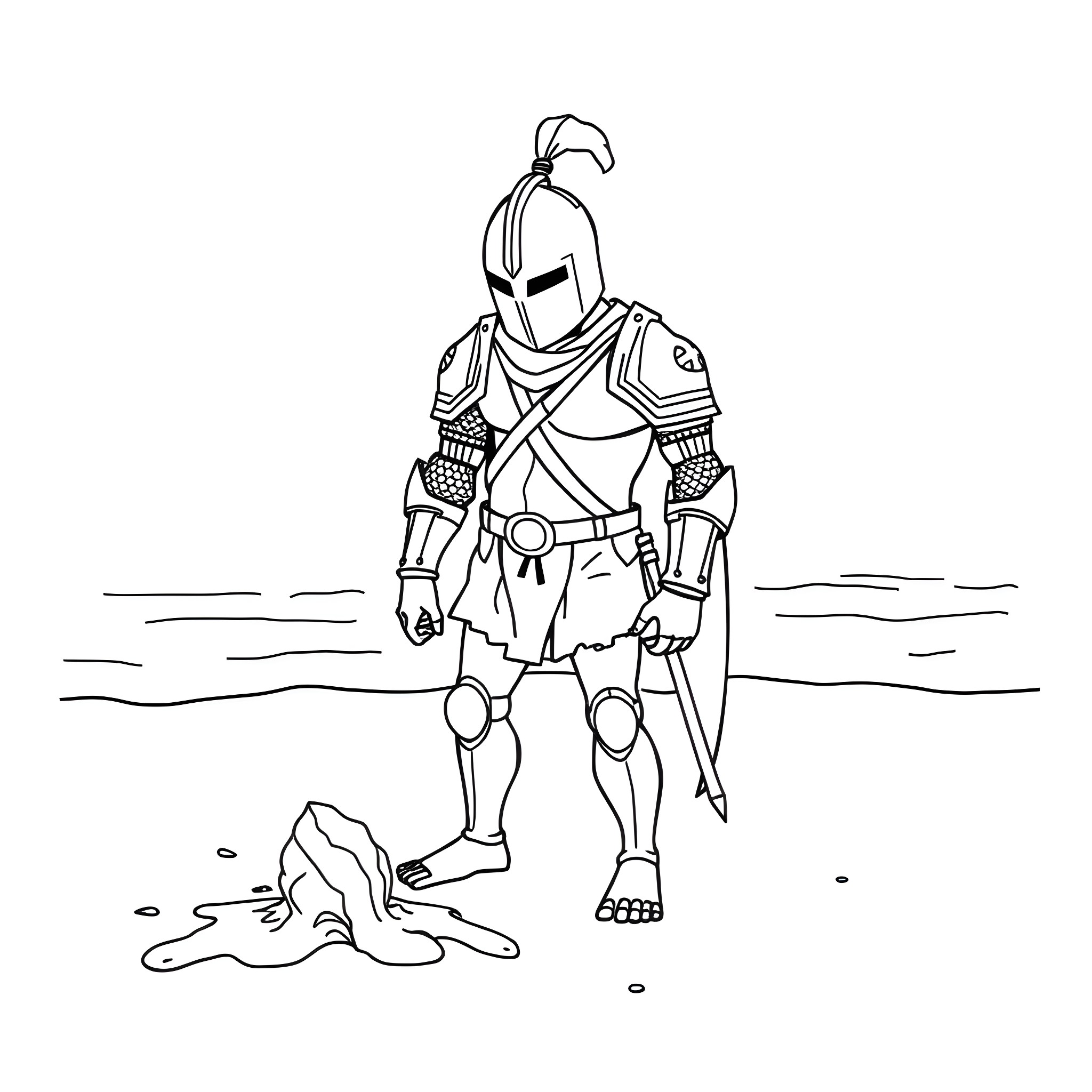 Knight Standing Vigilant in the Battlefield Coloring Page (free black-and-white line drawing printable PDF for all, from beginners to advanced learners, including children, teens, adults, and seniors)