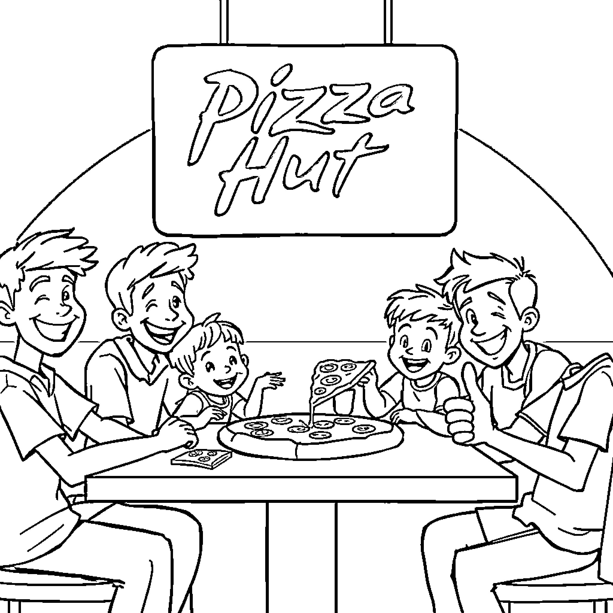 Pizza Hut family dining and enjoying pizza together Coloring Page (free black-and-white line drawing printable PDF for all, from beginners to advanced learners, including children, teens, adults, and seniors)