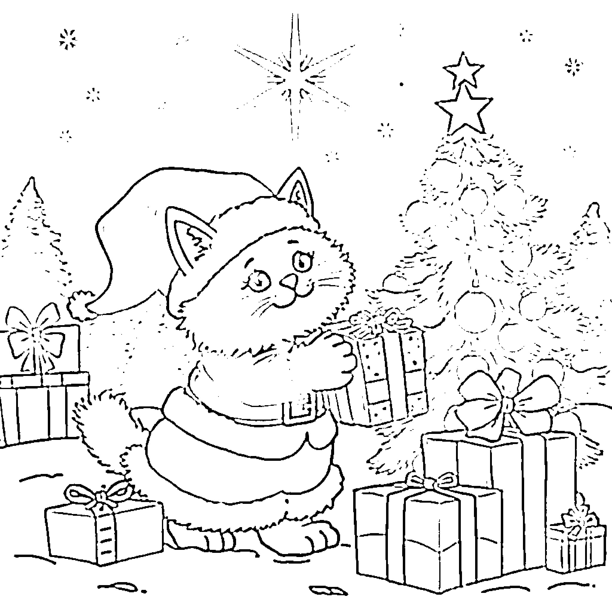 Cat exploring Christmas tree and presents Coloring Page (free black-and-white line drawing printable PDF for all, from beginners to advanced learners, including children, teens, adults, and seniors)
