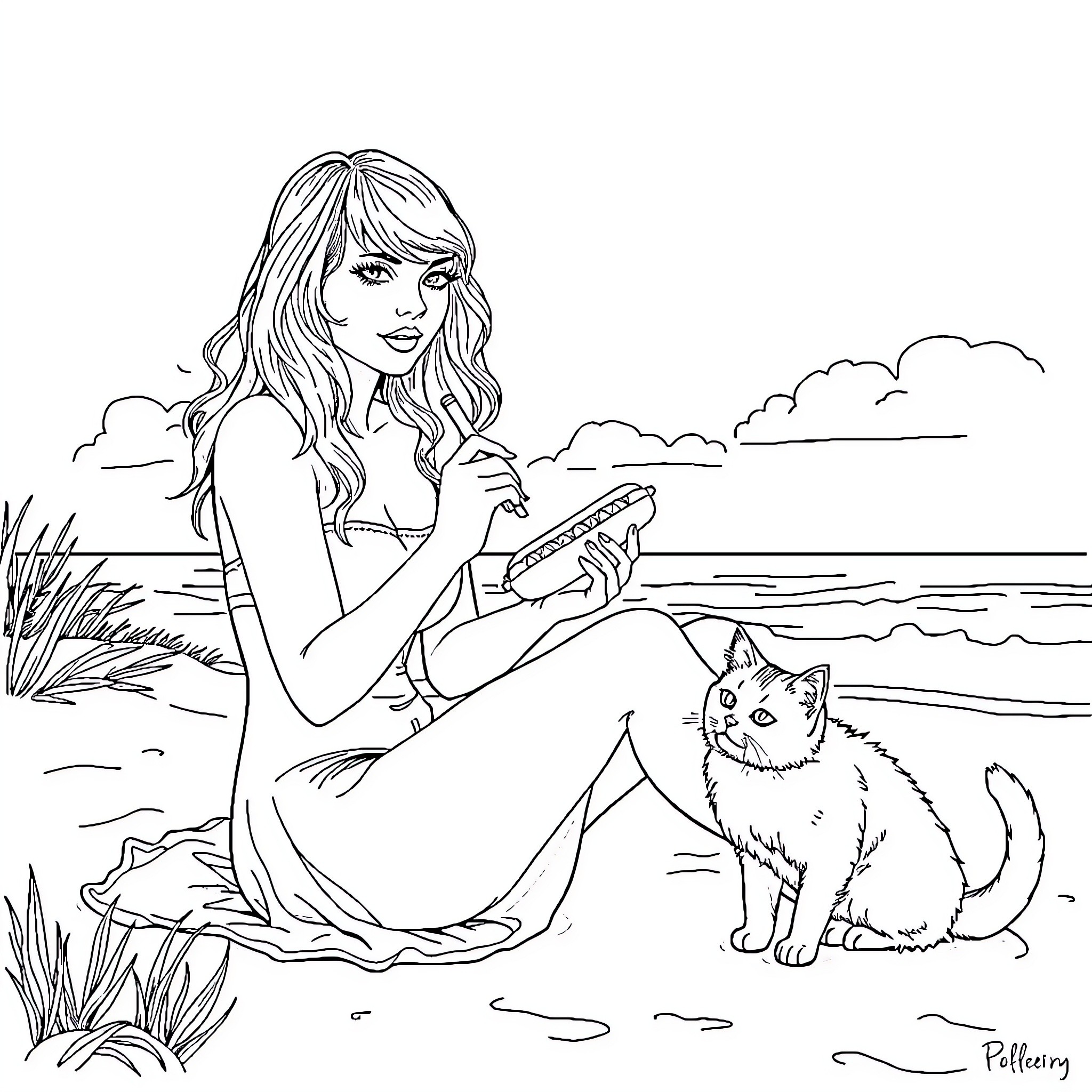 Taylor Swift relaxing by the lake with her pet cat Coloring Page (free black-and-white line drawing printable PDF for all, from beginners to advanced learners, including children, teens, adults, and seniors)