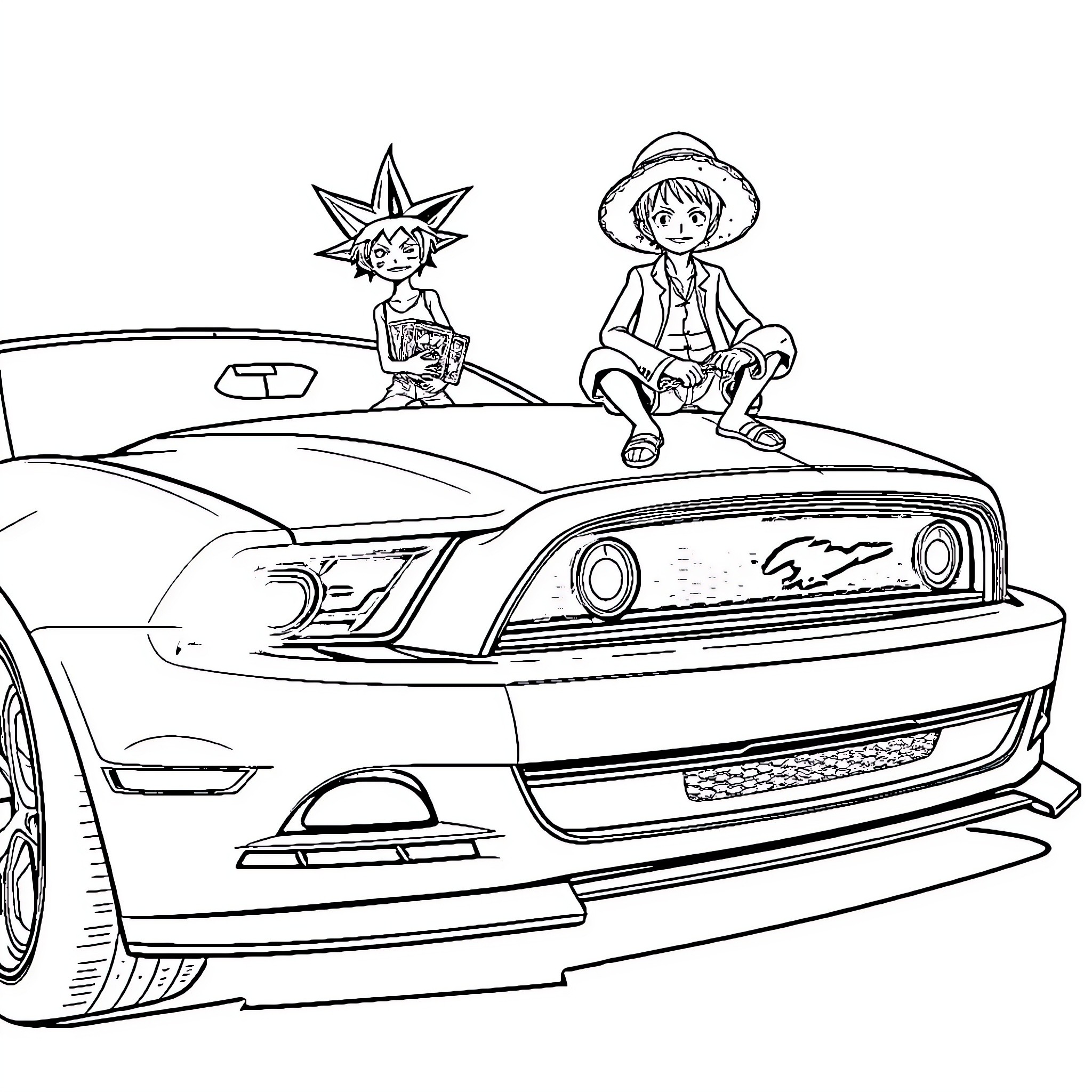 Mustang adventure with cartoon characters Coloring Page (free black-and-white line drawing printable PDF for all, from beginners to advanced learners, including children, teens, adults, and seniors)