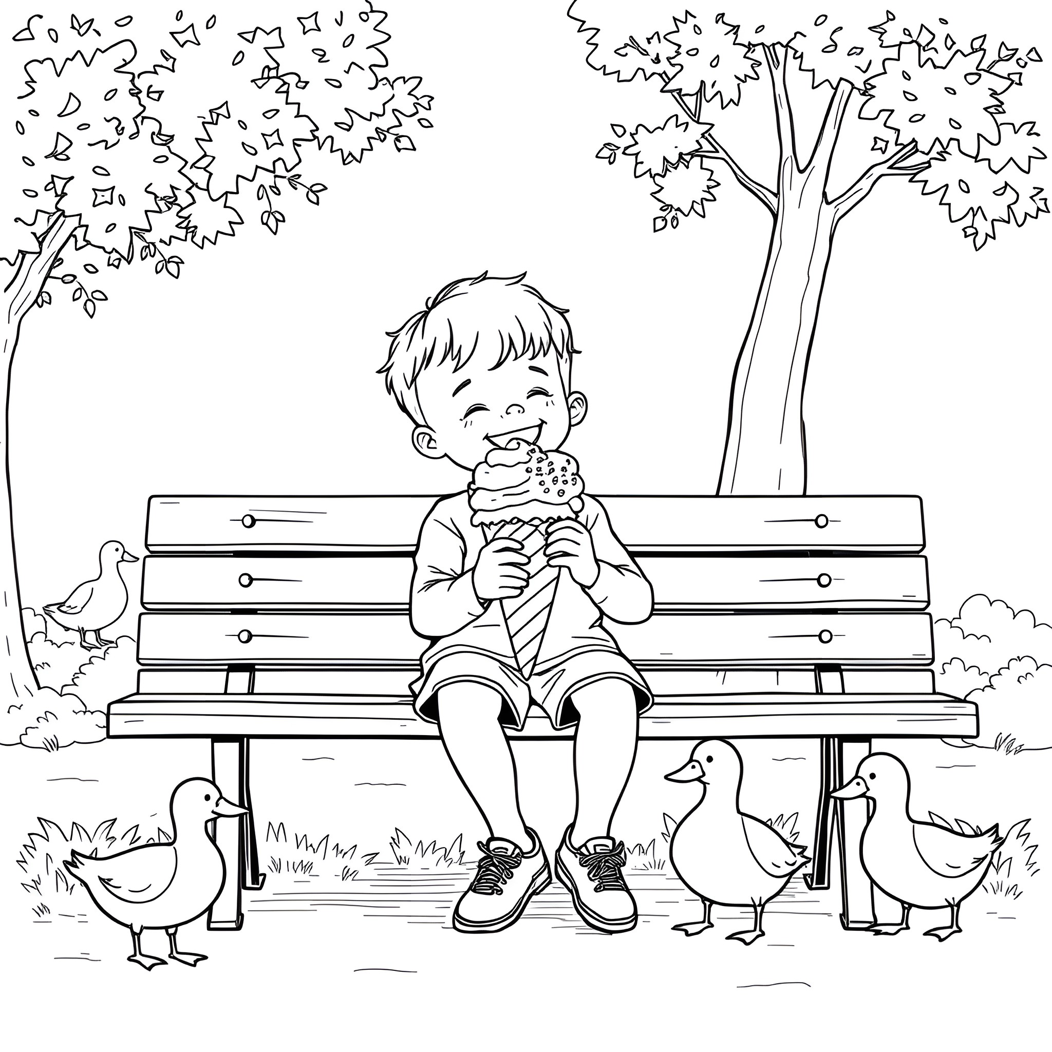 Kid enjoys ice cream on park bench with ducks Coloring Page (free black-and-white line drawing printable PDF for all, from beginners to advanced learners, including children, teens, adults, and seniors)
