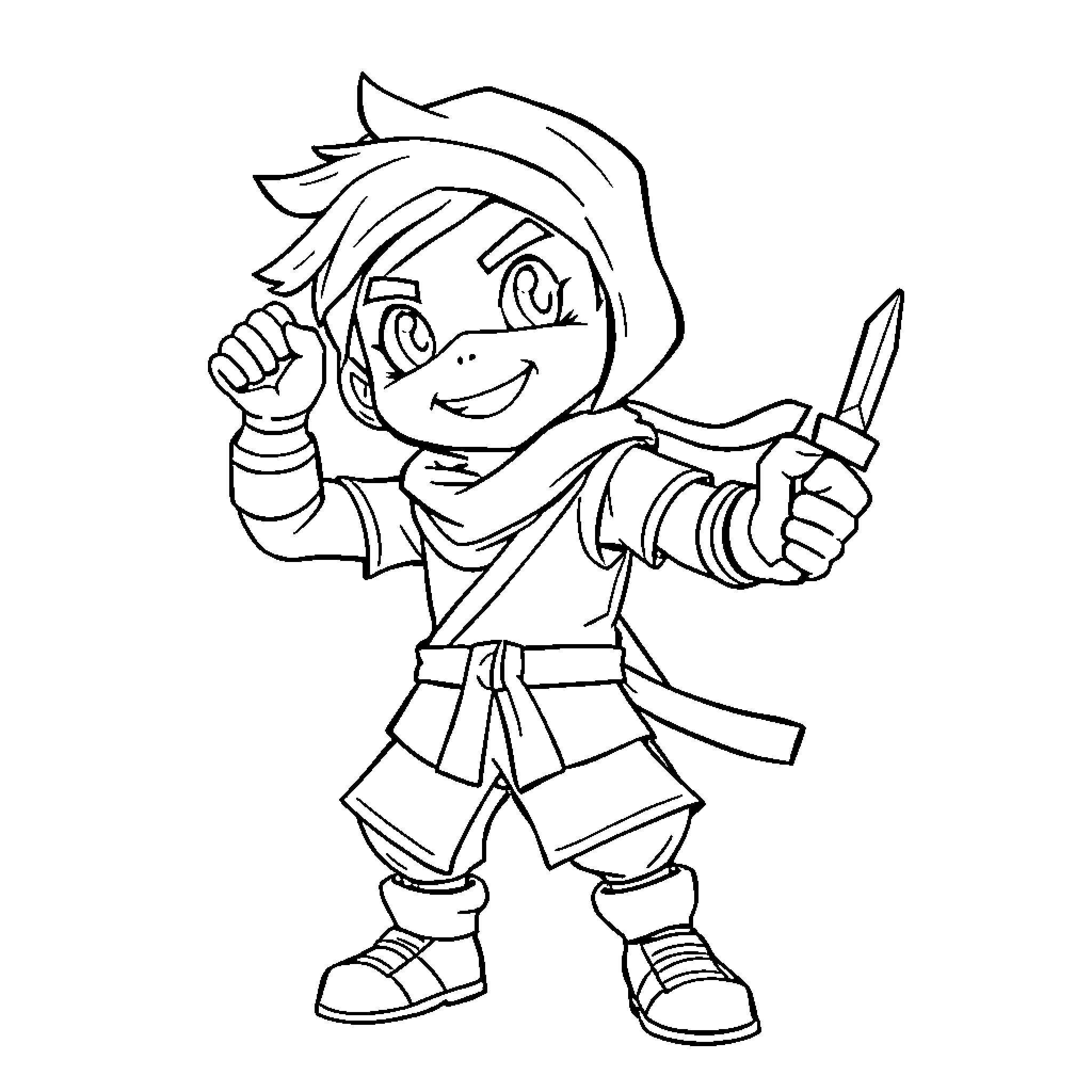 Kaze Warrior Hero Strikes a Pose Coloring Page (free black-and-white line drawing printable PDF for all, from beginners to advanced learners, including children, teens, adults, and seniors)