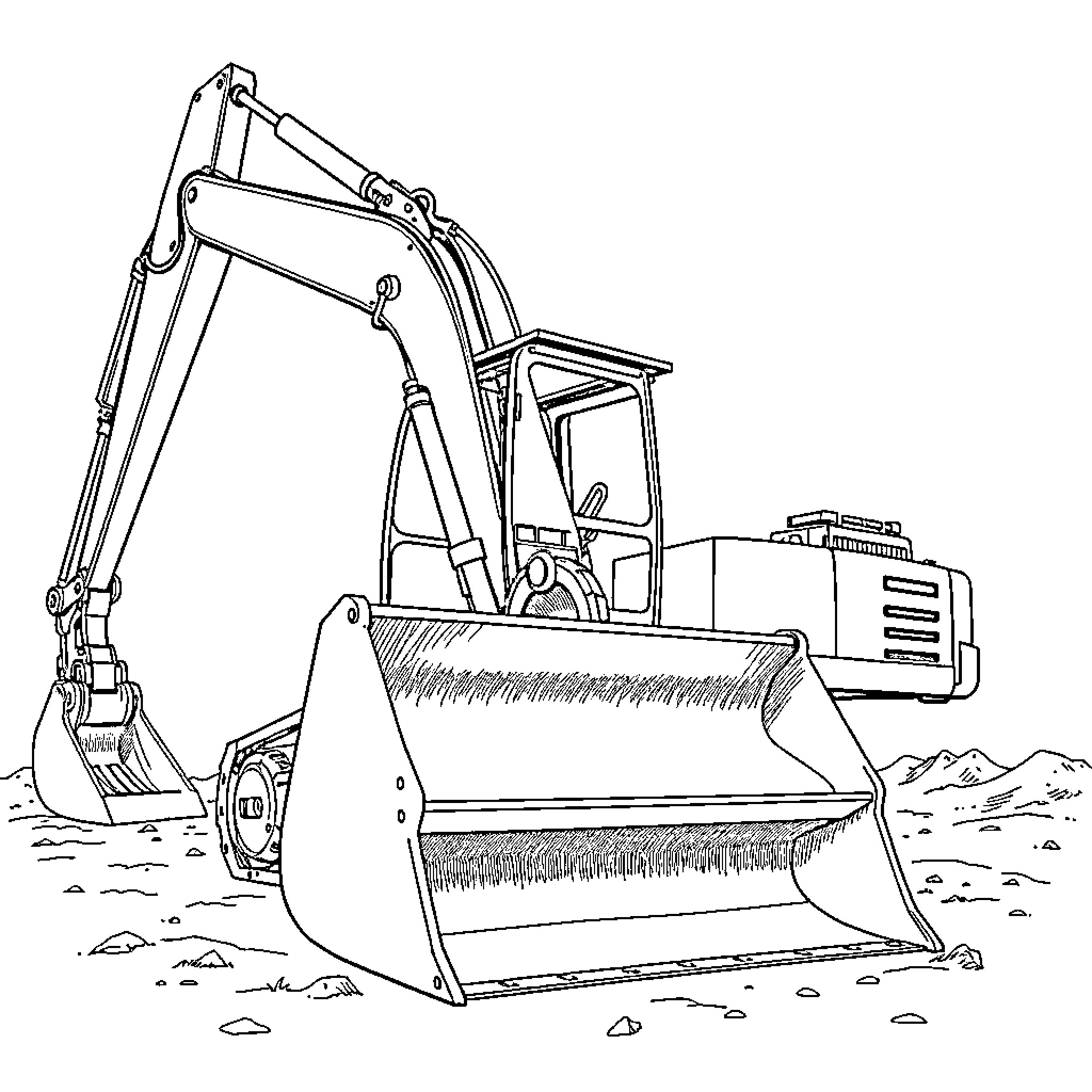 Excavator at work on construction site Coloring Page (free black-and-white line drawing printable PDF for all, from beginners to advanced learners, including children, teens, adults, and seniors)