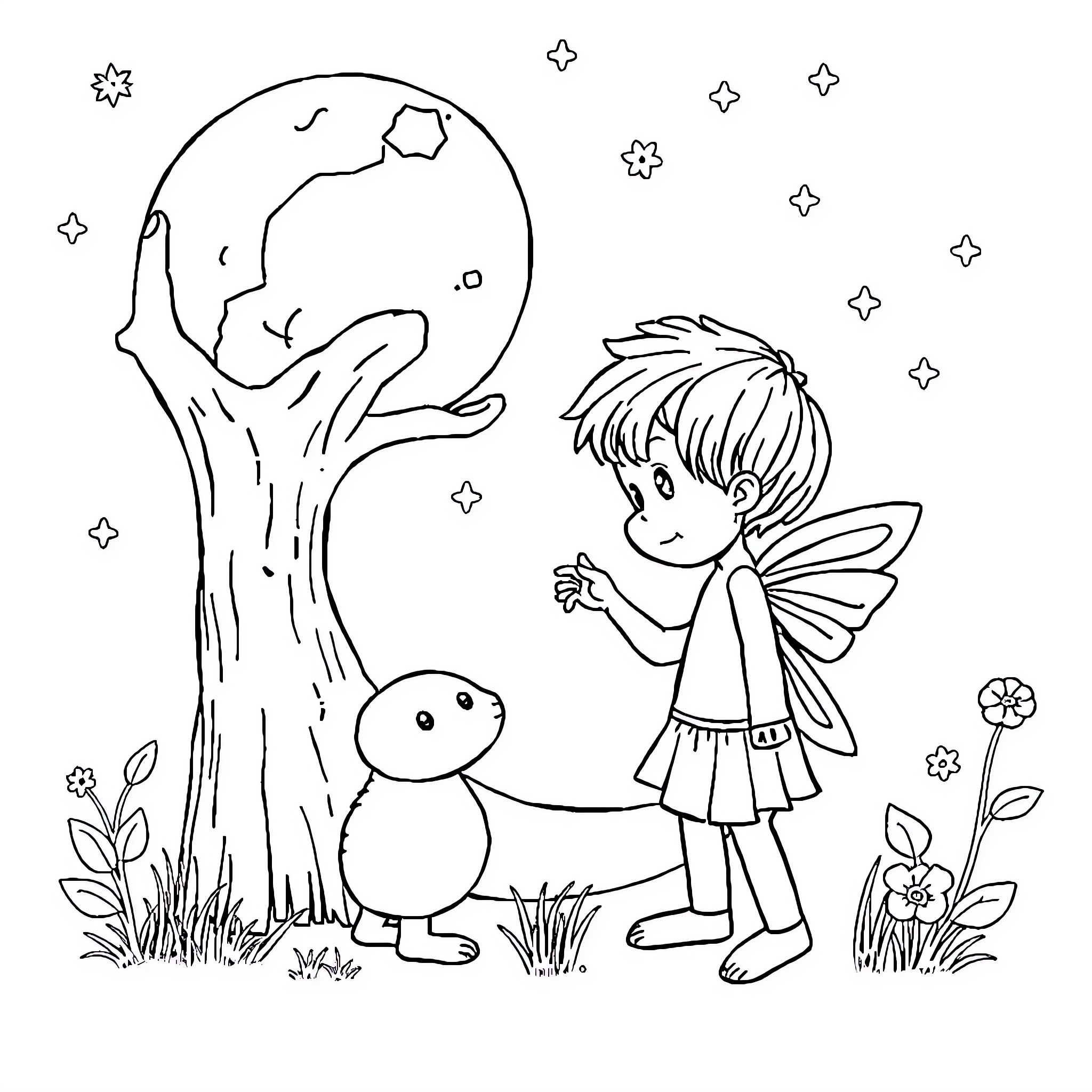 Drawing of fairy child interacting with animal in forest Coloring Page (free black-and-white line drawing printable PDF for all, from beginners to advanced learners, including children, teens, adults, and seniors)