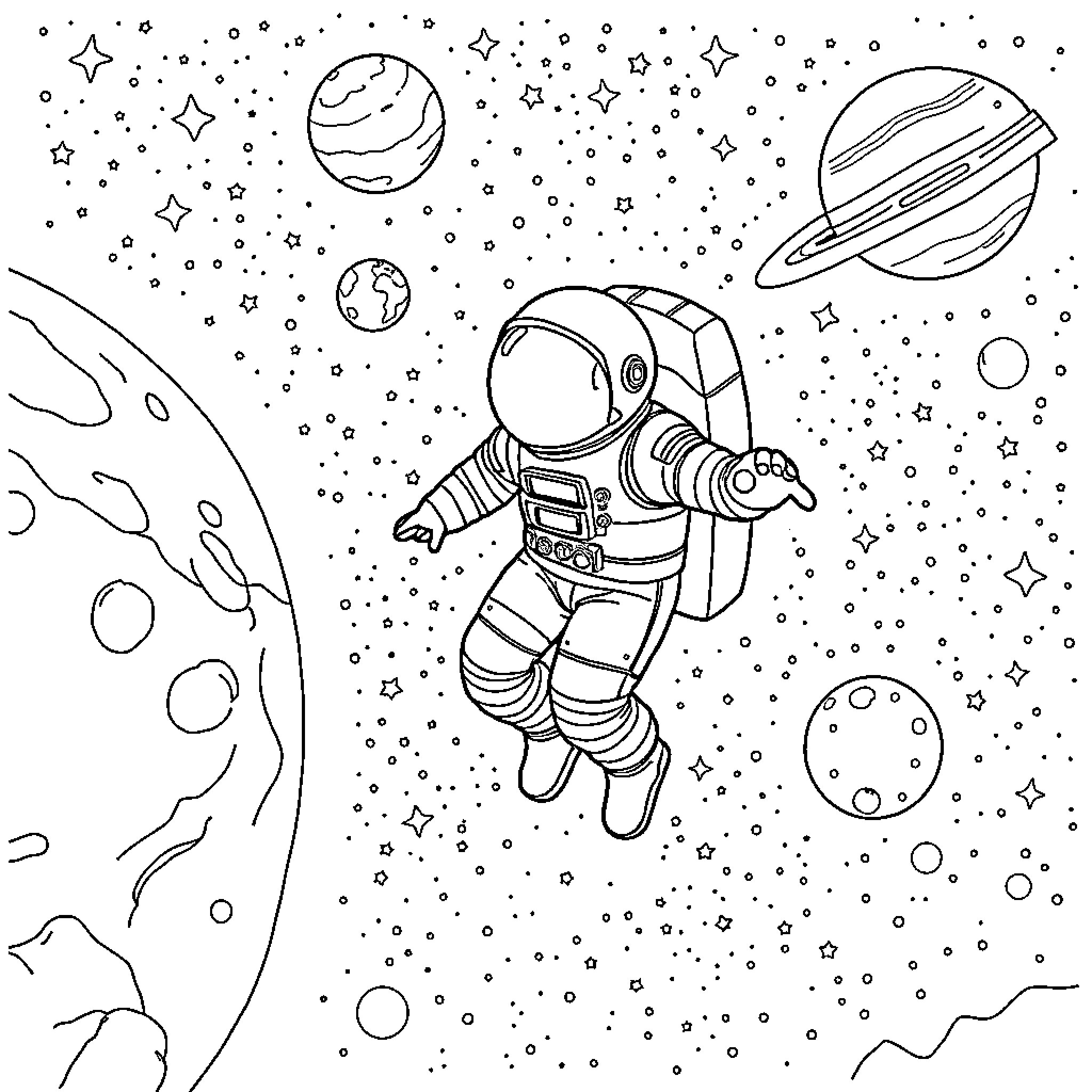 Astronaut floating in the cosmic space Coloring Page (free black-and-white line drawing printable PDF for all, from beginners to advanced learners, including children, teens, adults, and seniors)