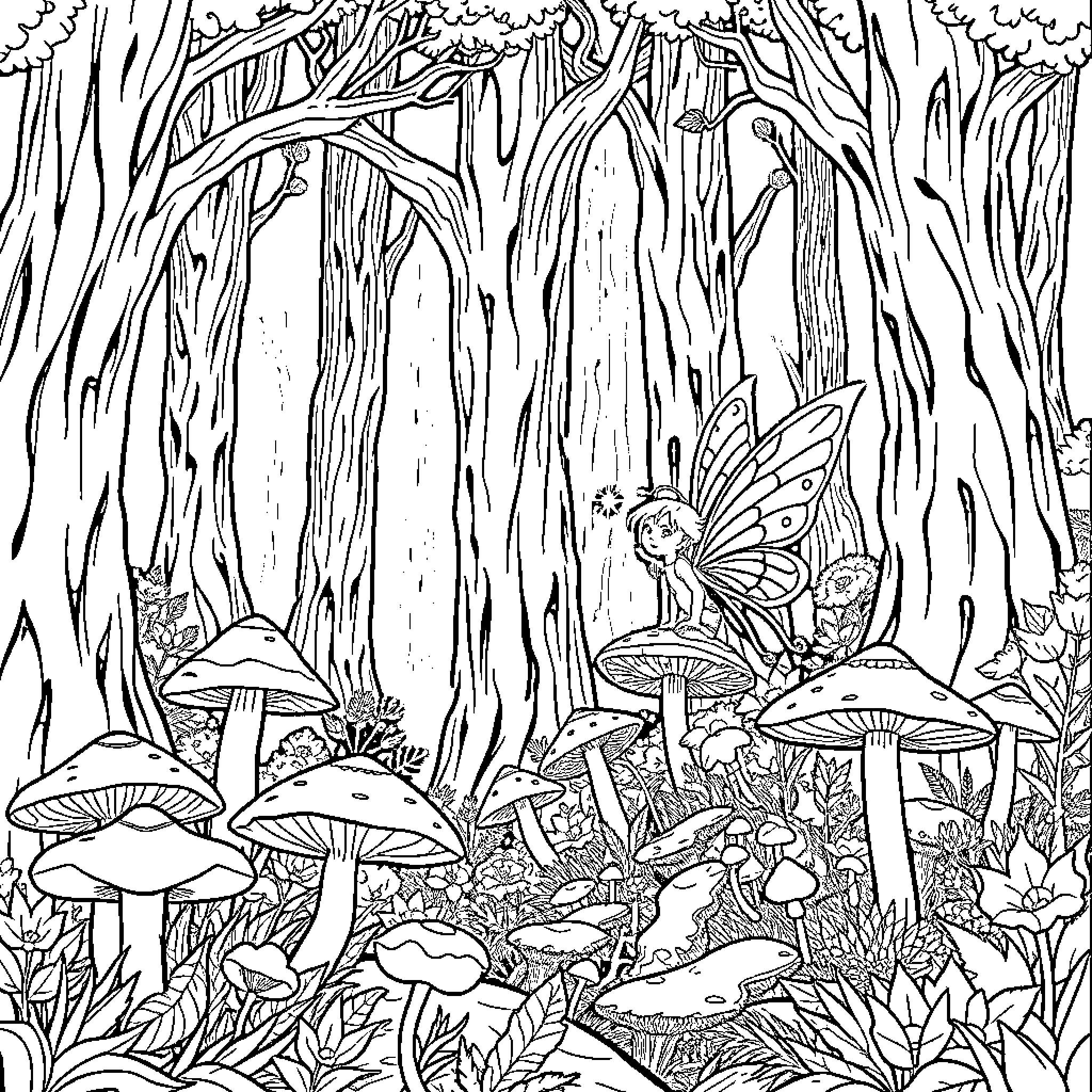 Fairy Forest with Mushrooms and Whimsical Creatures Coloring Page (free black-and-white line drawing printable PDF for all, from beginners to advanced learners, including children, teens, adults, and seniors)