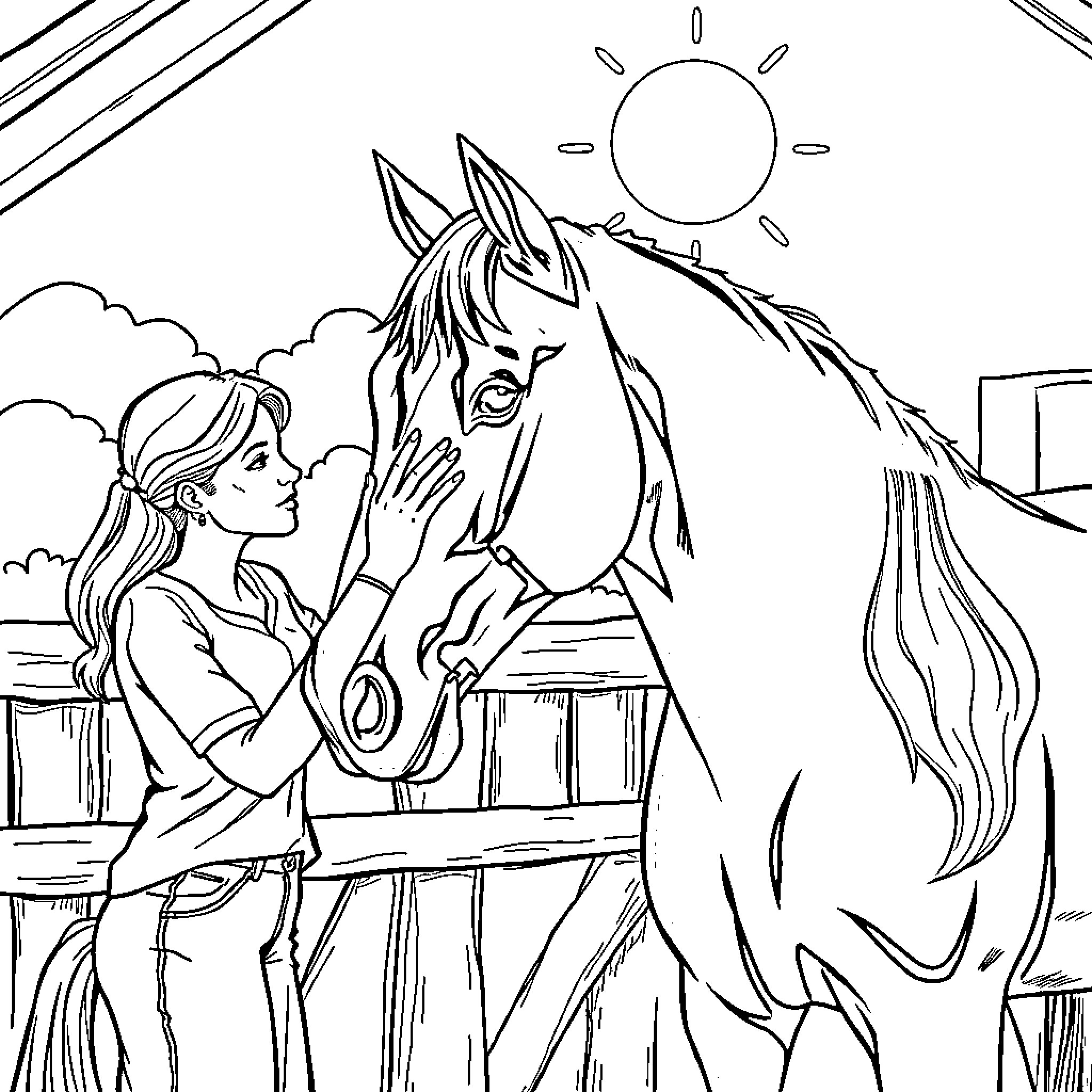 Lady and her Majestic Horse Admiring the Sunset Coloring Page (free black-and-white line drawing printable PDF for all, from beginners to advanced learners, including children, teens, adults, and seniors)