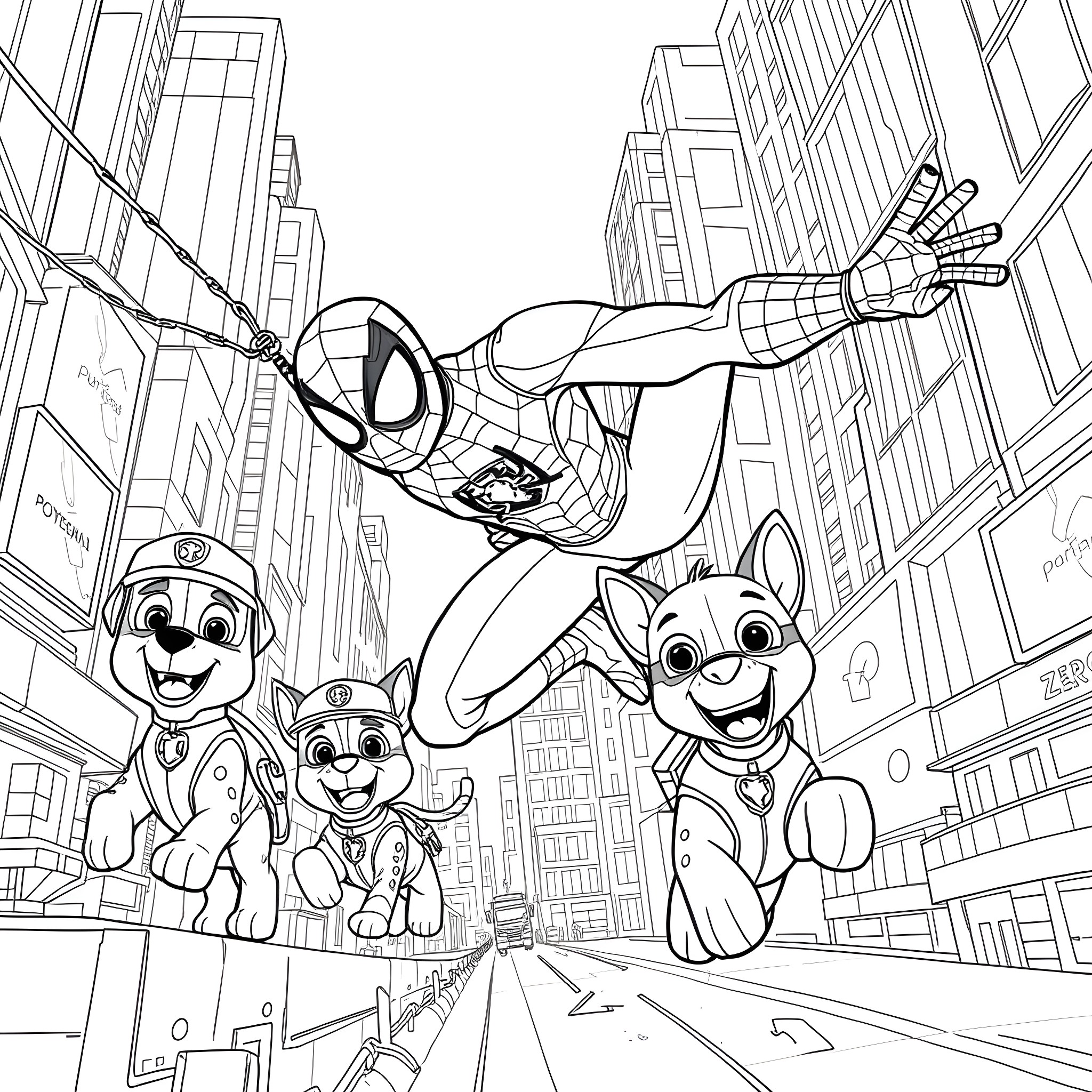 Spiderman swinging with Paw Patrol pups in the city Coloring Page (free black-and-white line drawing printable PDF for all, from beginners to advanced learners, including children, teens, adults, and seniors)
