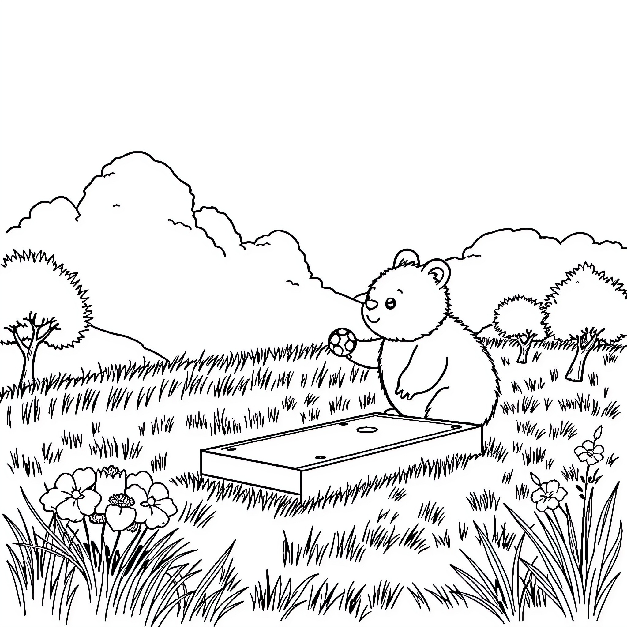 Teddy Bear enjoying outdoor picnic in nature Coloring Page (free black-and-white line drawing printable PDF for all, from beginners to advanced learners, including children, teens, adults, and seniors)