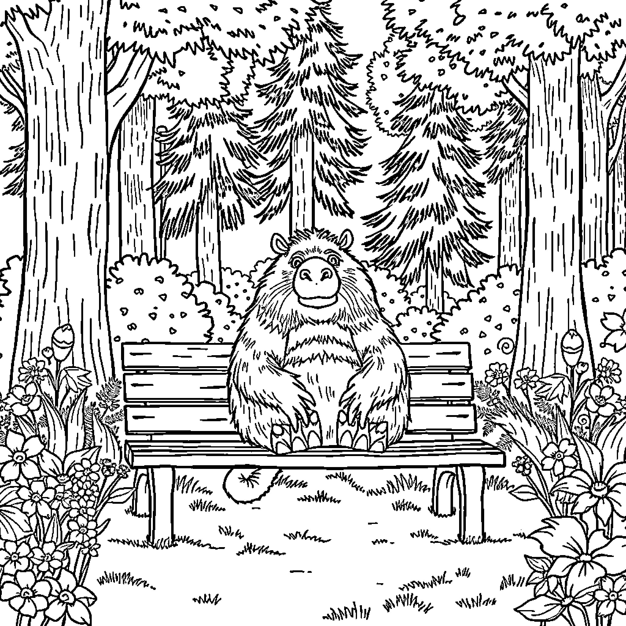Gruffalo relaxing on a bench in the forest Coloring Page (free black-and-white line drawing printable PDF for all, from beginners to advanced learners, including children, teens, adults, and seniors)