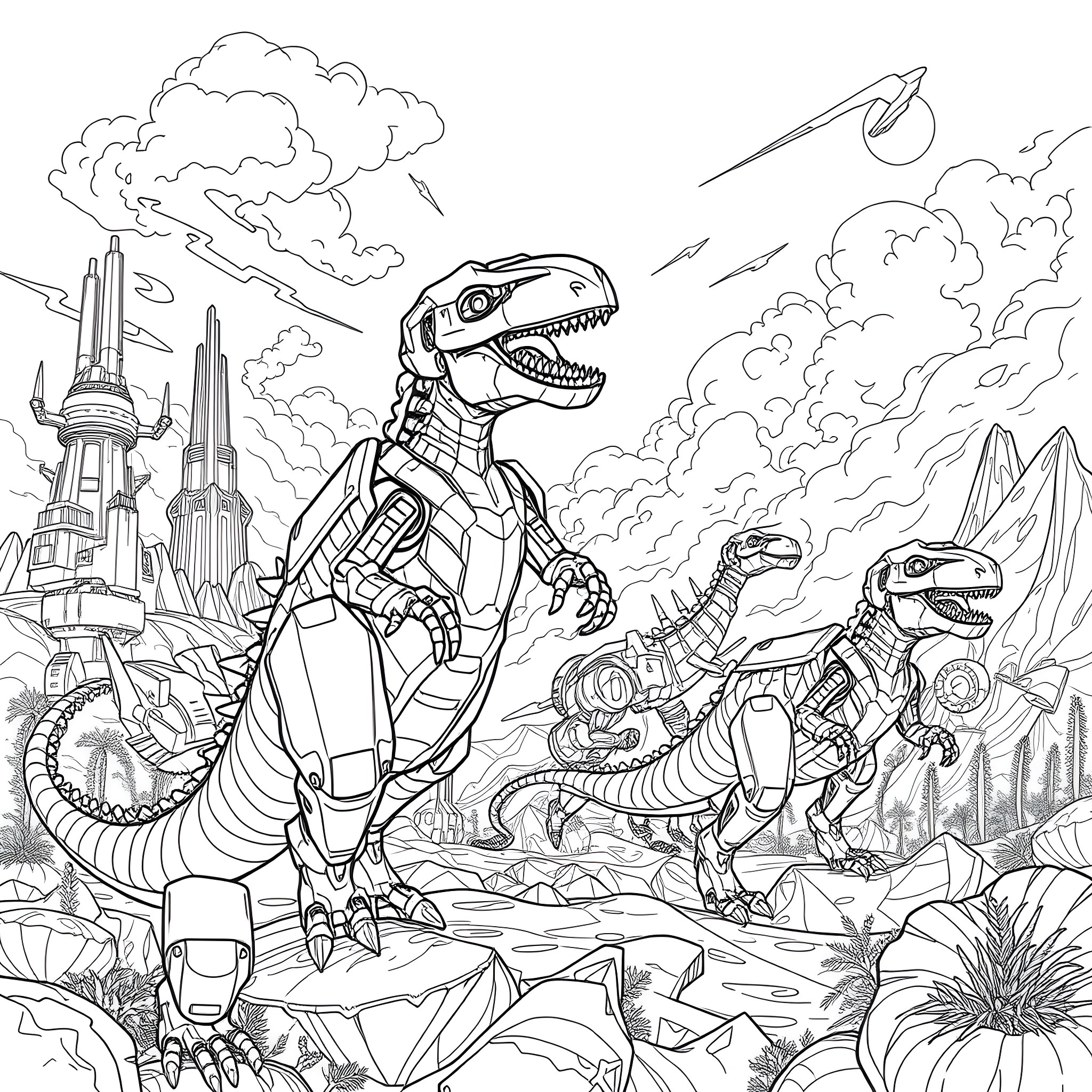 Robot Dinosaurs Roaming in Futuristic Landscape Coloring Page (free black-and-white line drawing printable PDF for all, from beginners to advanced learners, including children, teens, adults, and seniors)