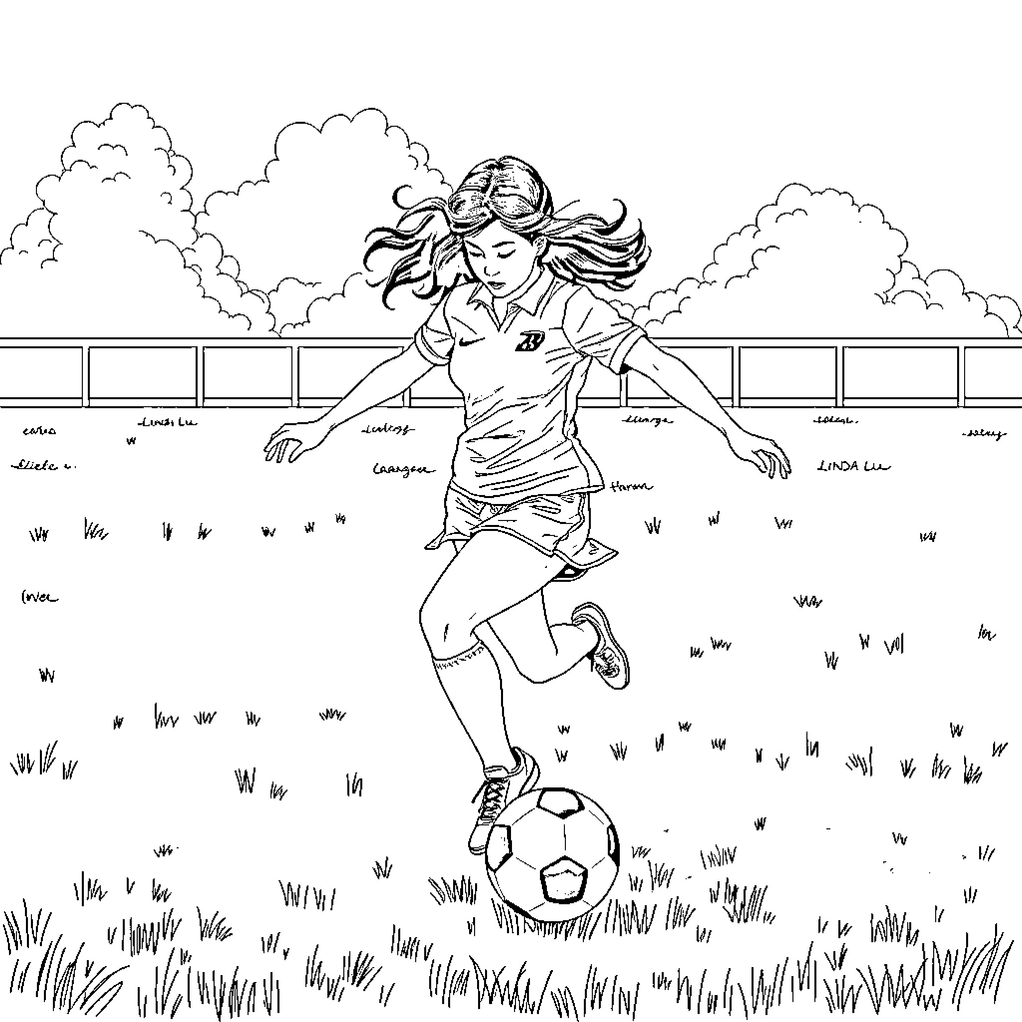 Linda Lu enjoys playing soccer outdoors Coloring Page (free black-and-white line drawing printable PDF for all, from beginners to advanced learners, including children, teens, adults, and seniors)