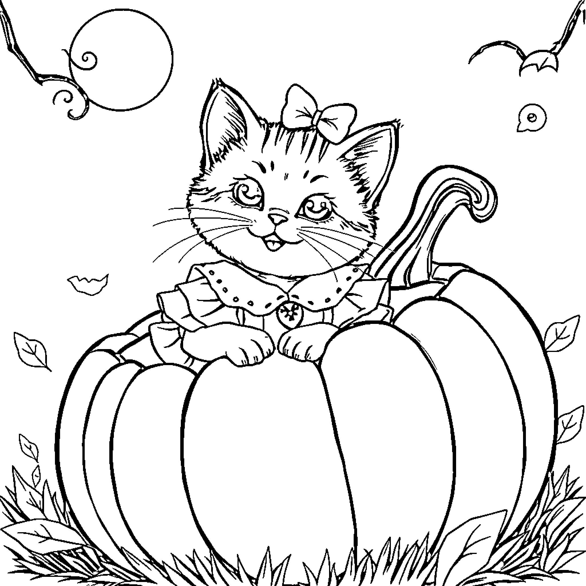 Kitten sitting on pumpkin in autumn Coloring Page (free black-and-white line drawing printable PDF for all, from beginners to advanced learners, including children, teens, adults, and seniors)