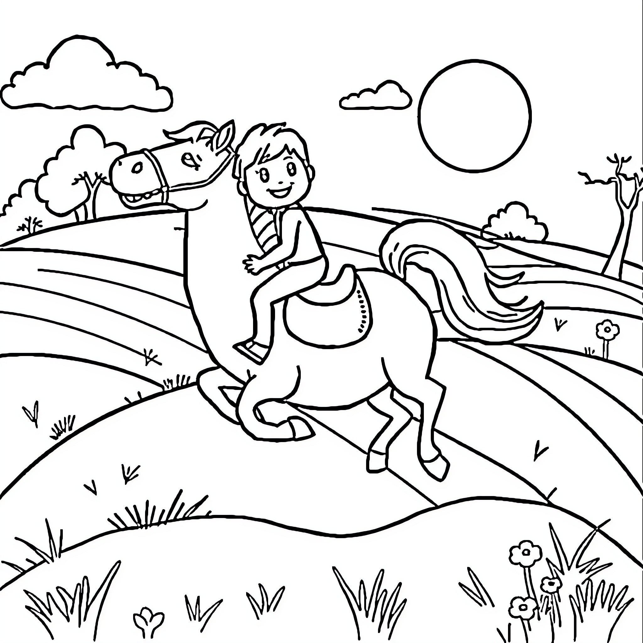 Labubu's Playful Ride on a Friendly Horse Coloring Page (free black-and-white line drawing printable PDF for all, from beginners to advanced learners, including children, teens, adults, and seniors)